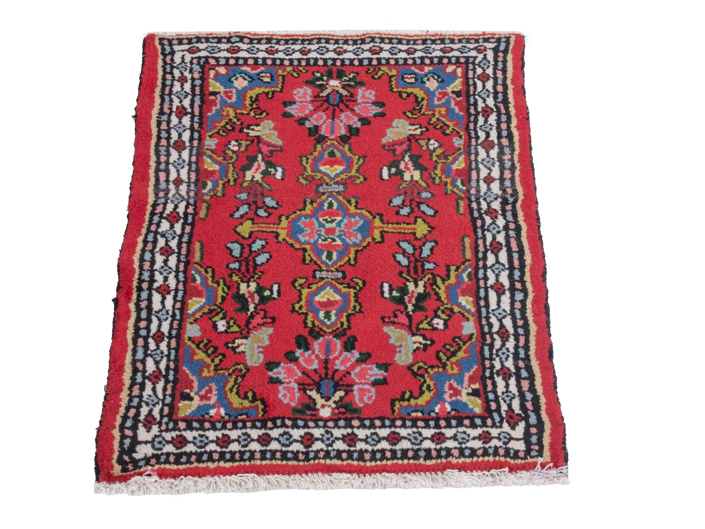 Persian Hamedan accent rug in deep red and dark blue, view 2 of 7