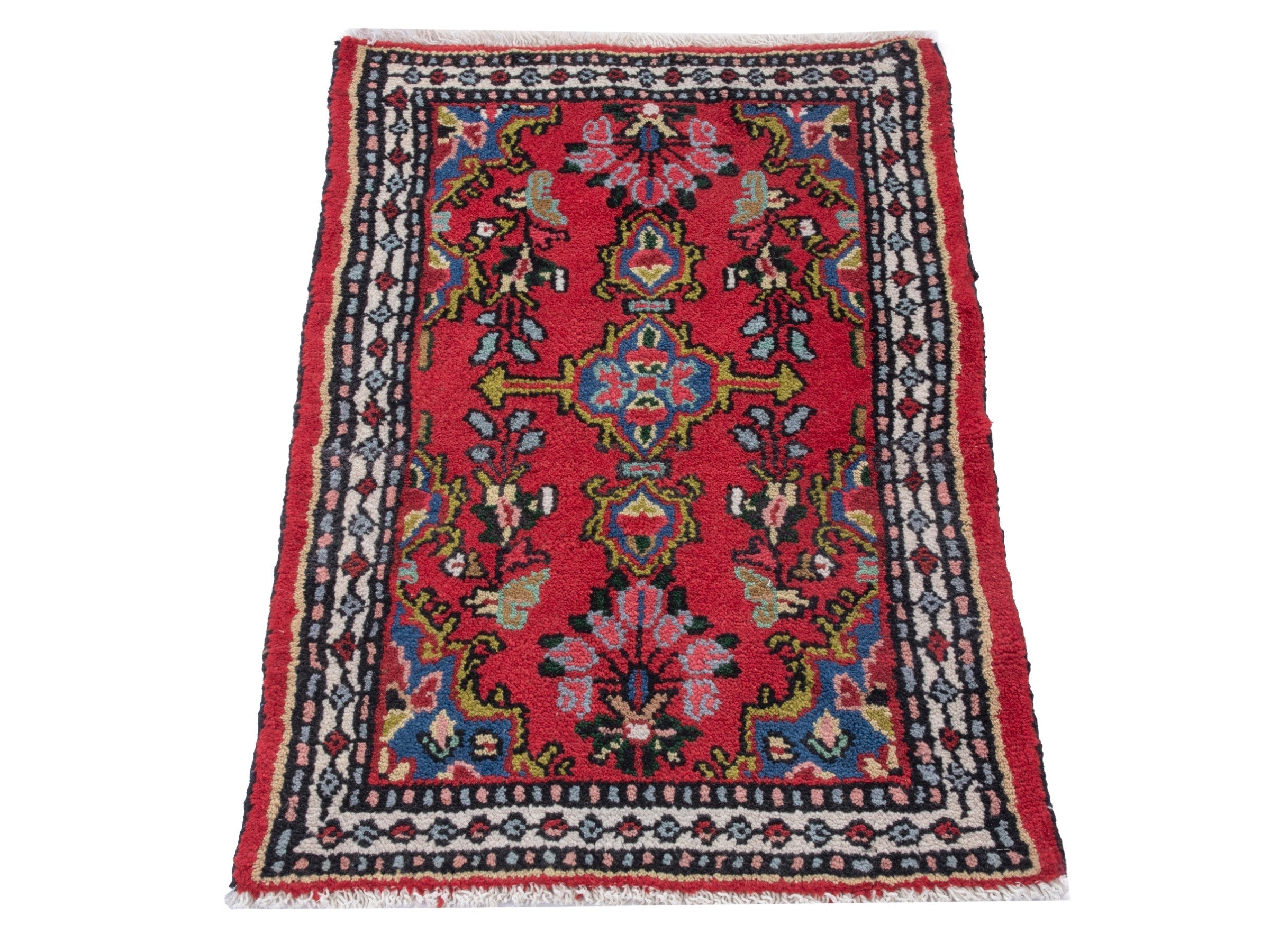 Persian Hamedan accent rug in deep red and dark blue, view 3 of 7
