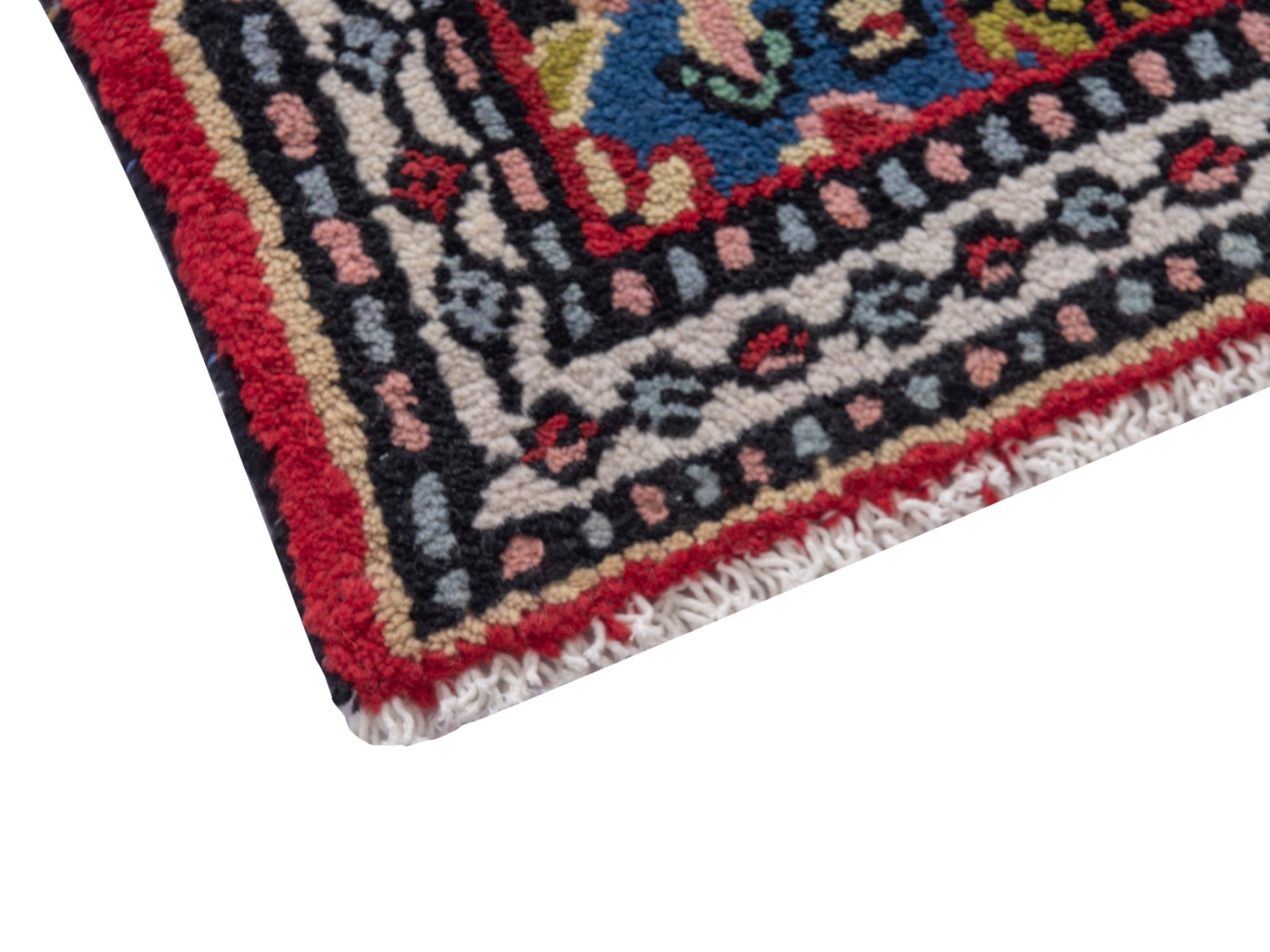 Persian Hamedan accent rug in deep red and dark blue, view 5 of 7