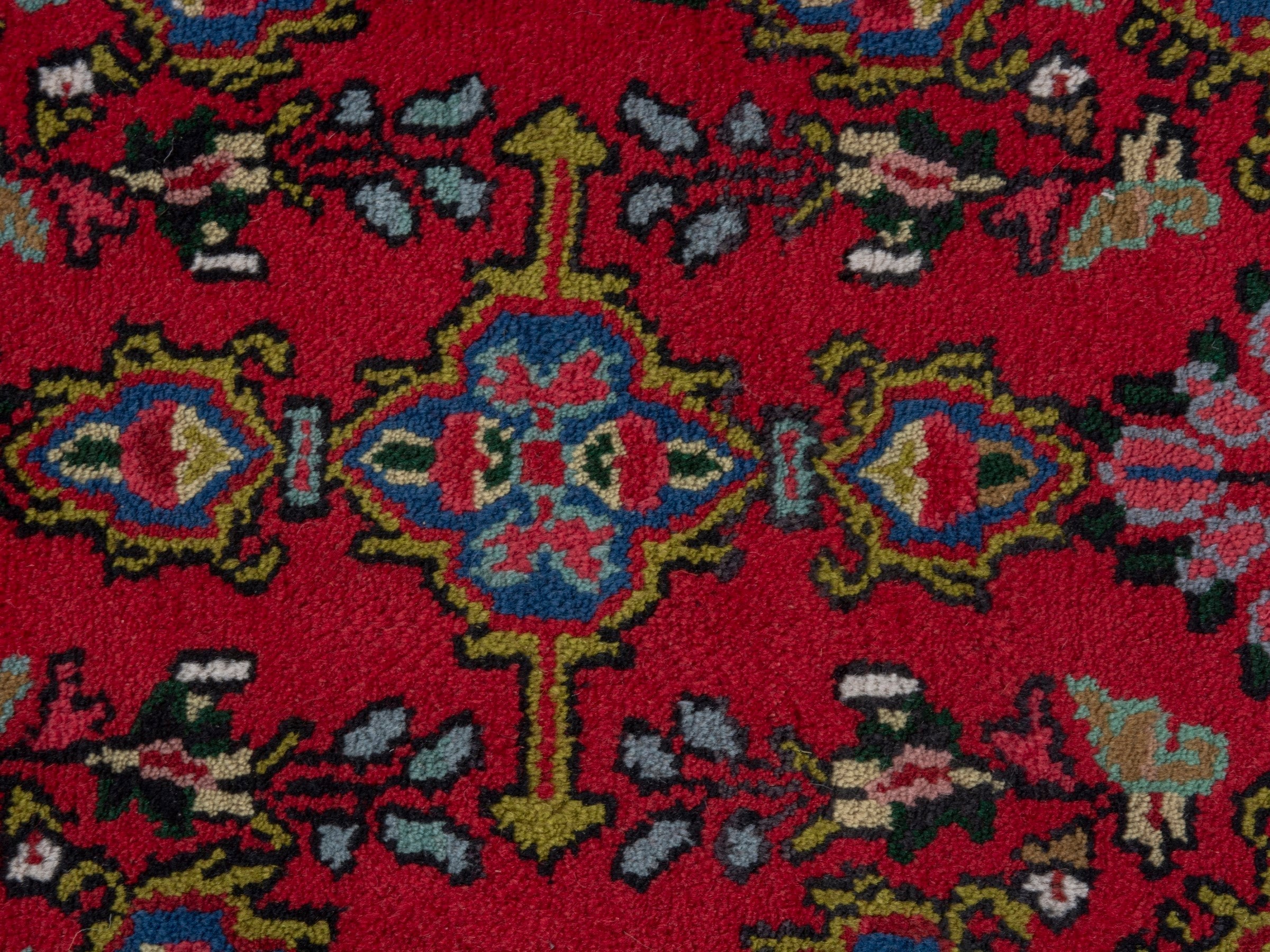 Persian Hamedan accent rug in deep red and dark blue, view 6 of 7