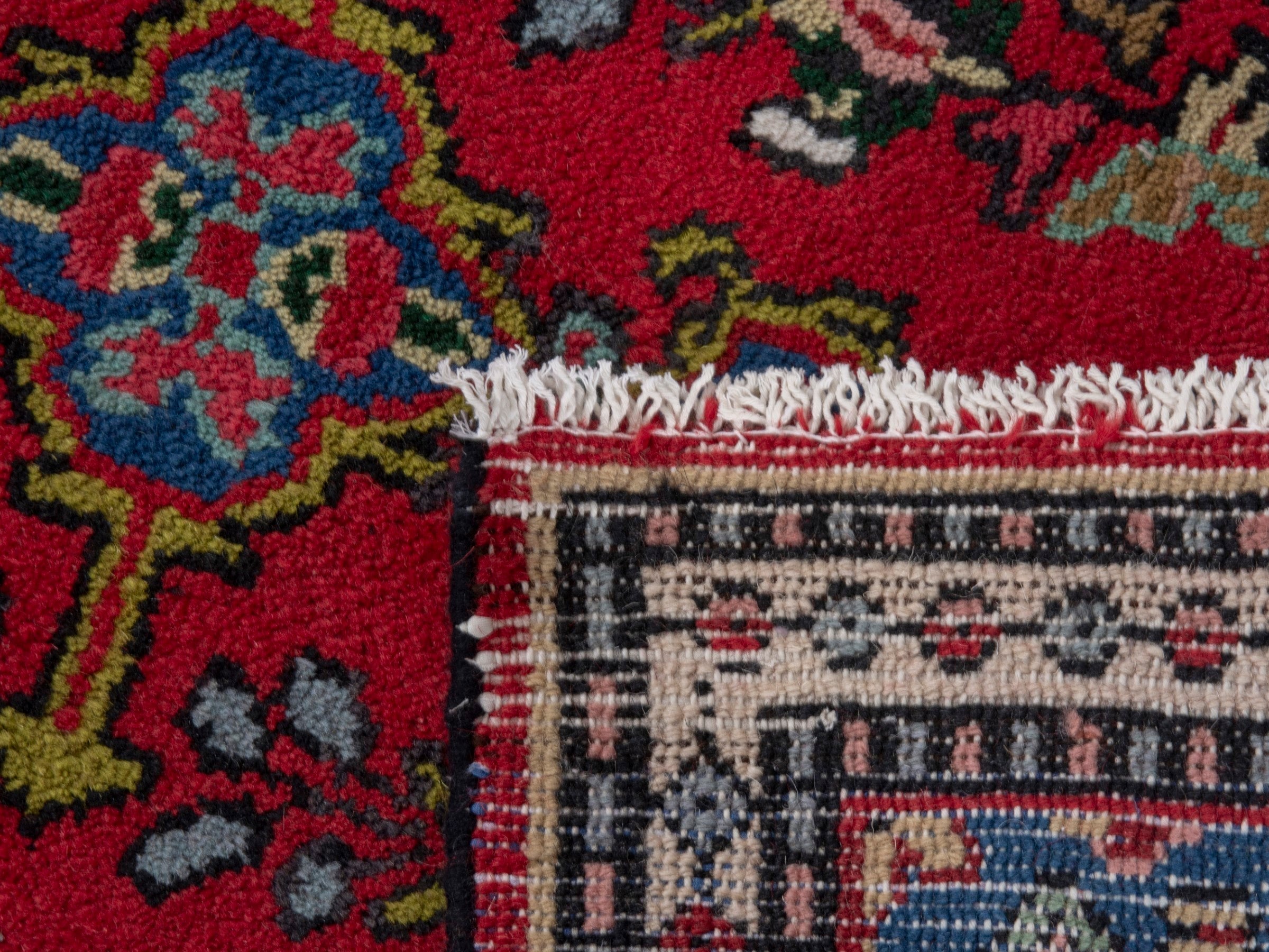 Persian Hamedan accent rug in deep red and dark blue, view 7 of 7