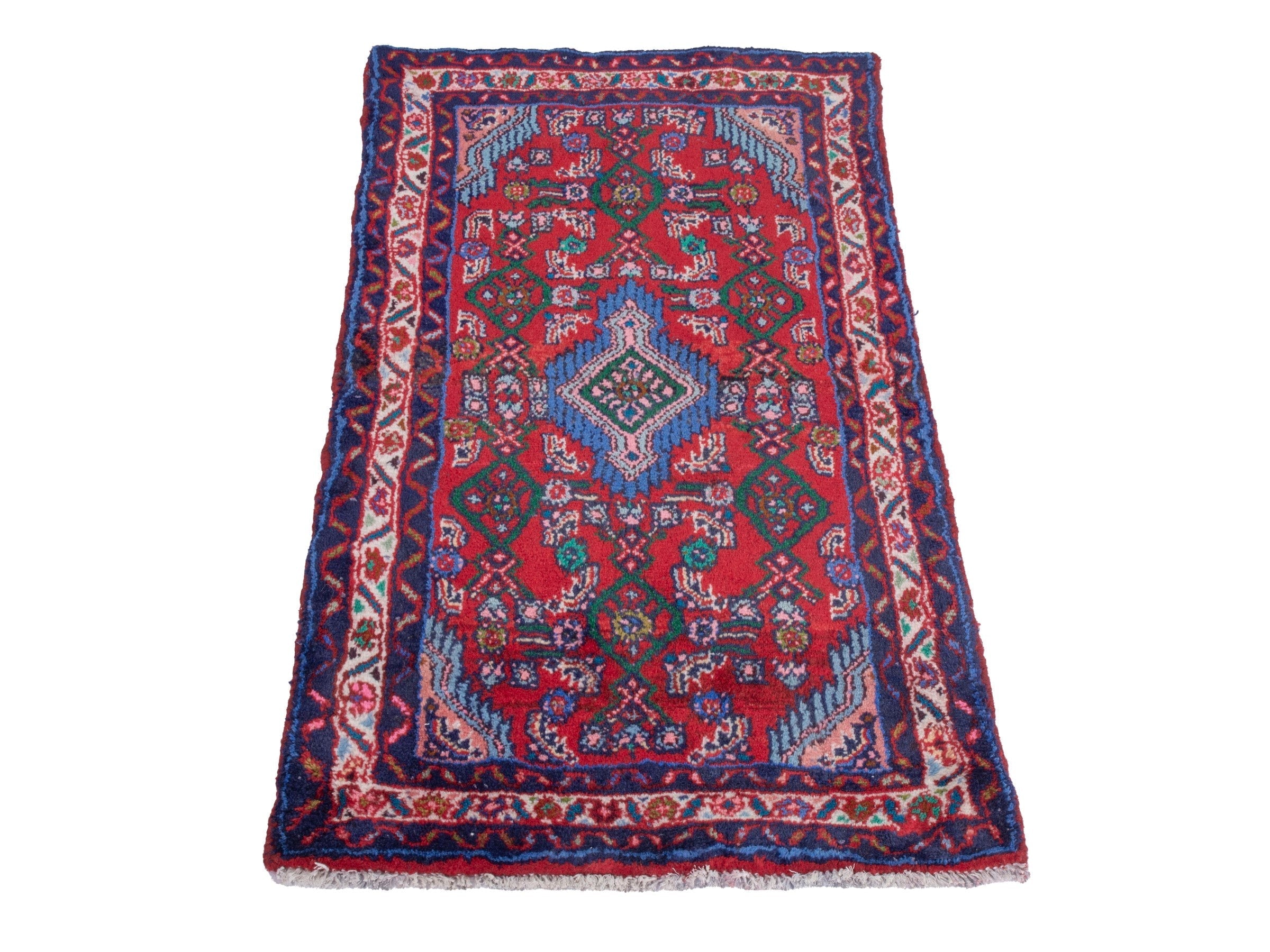 Persian Hamedan accent rug in deep red and faded red, view 2 of 7