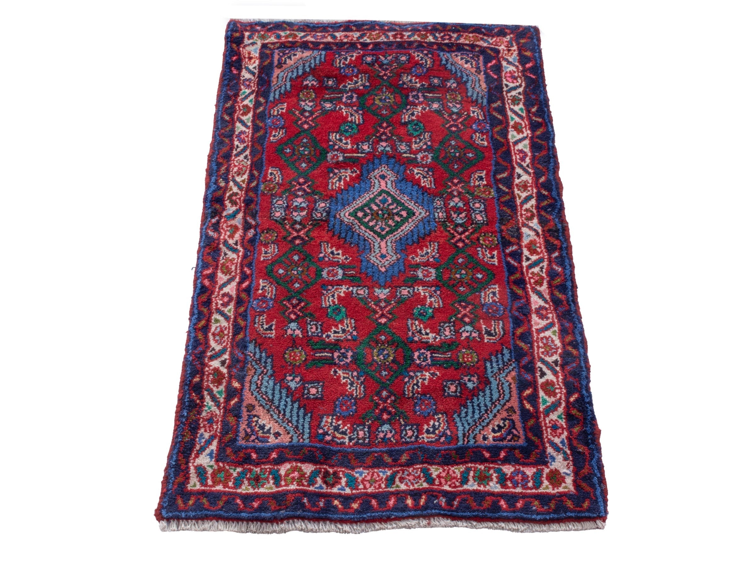 Persian Hamedan accent rug in deep red and faded red, view 3 of 7