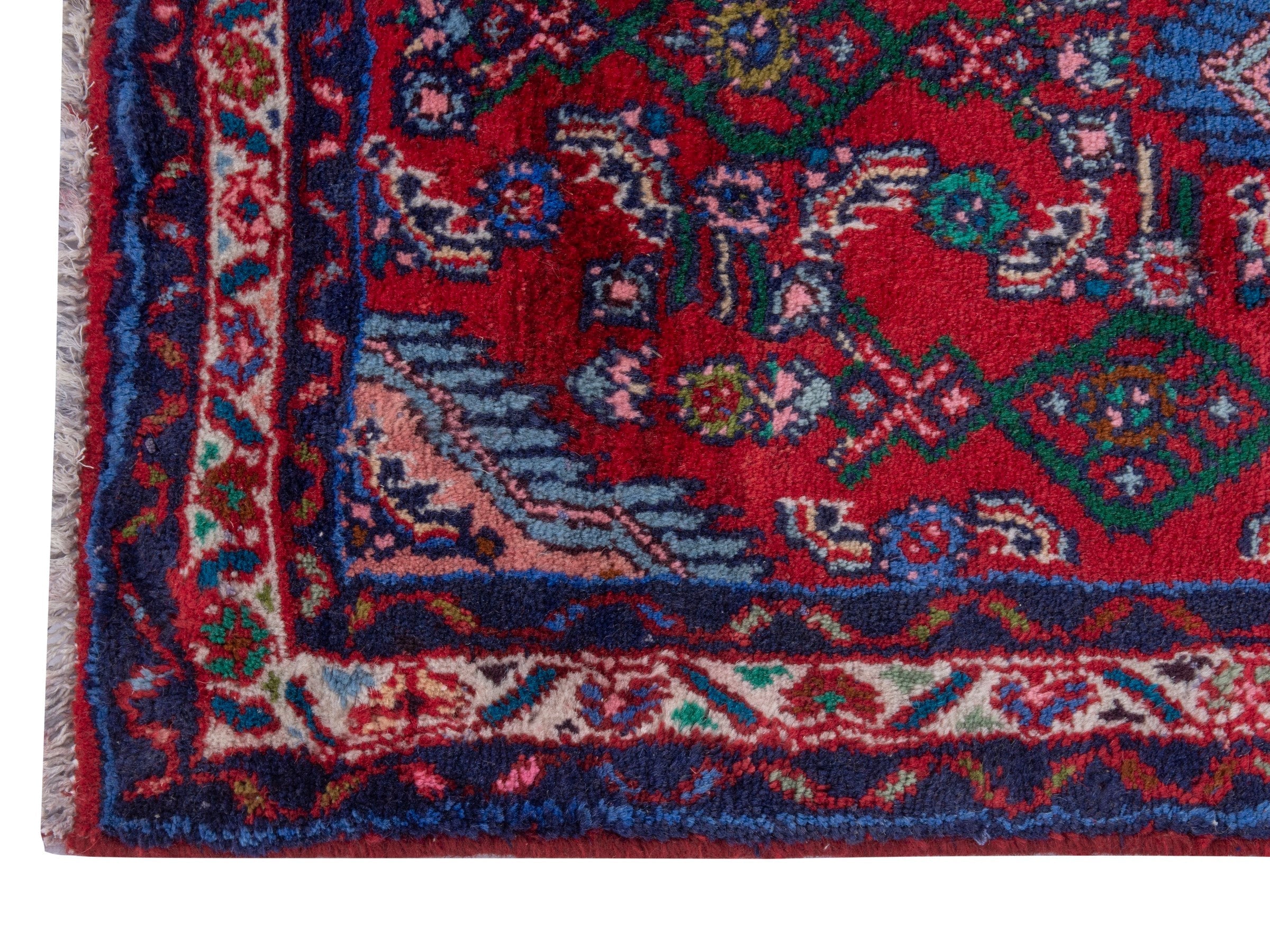 Persian Hamedan accent rug in deep red and faded red, view 4 of 7