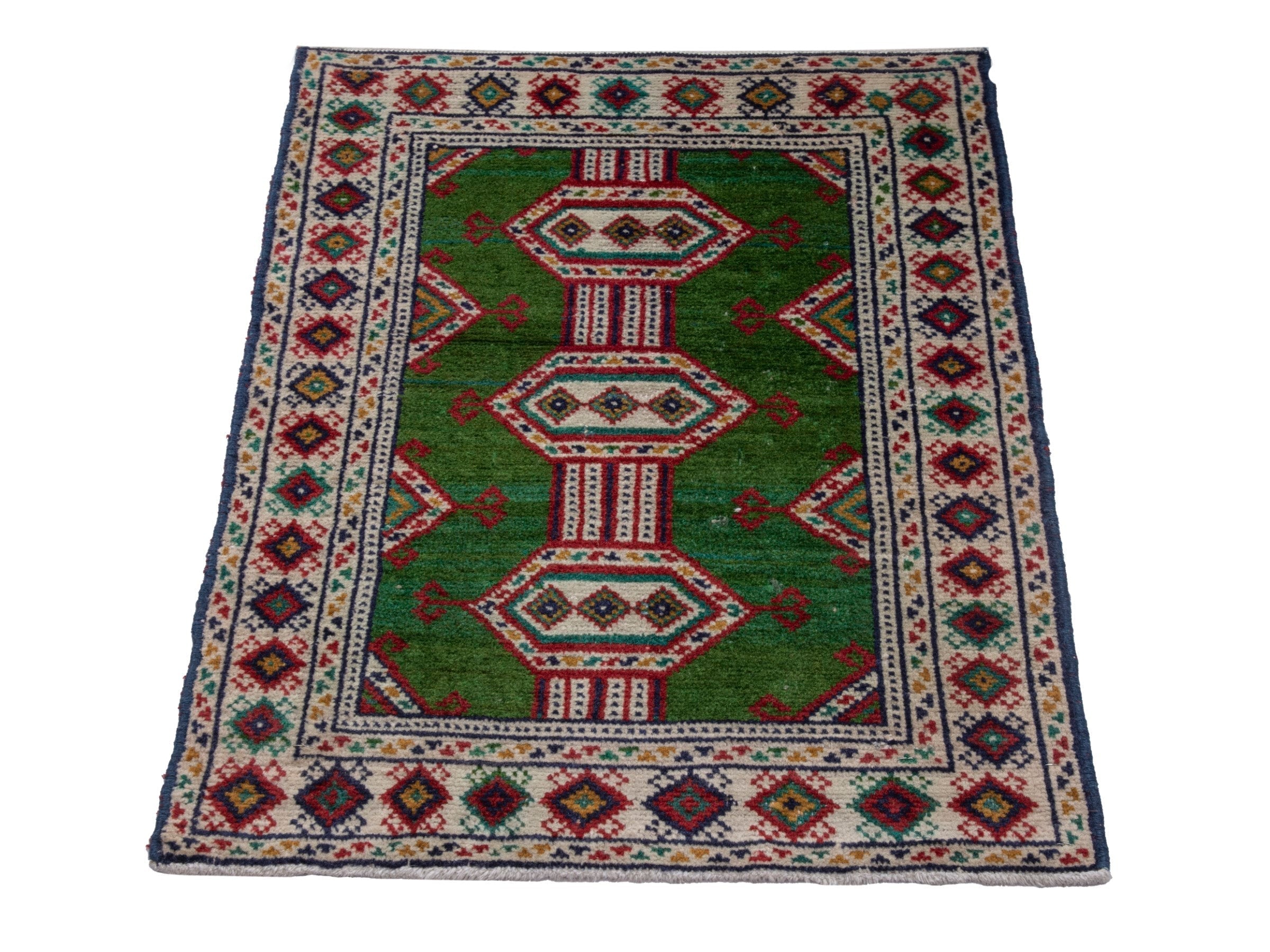Persian Torkaman accent rug in emerald and cream, view 2 of 5