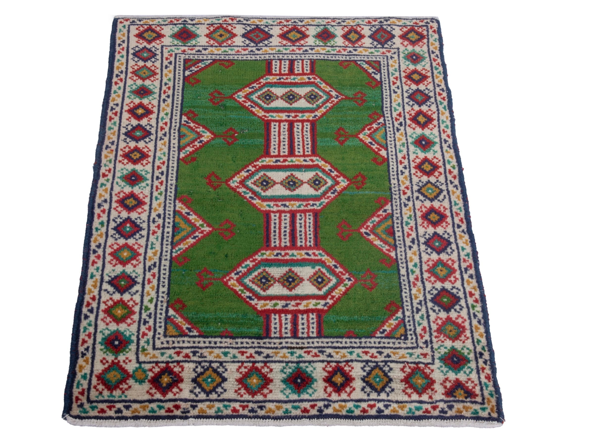 Persian Torkaman accent rug in emerald and cream, view 3 of 5