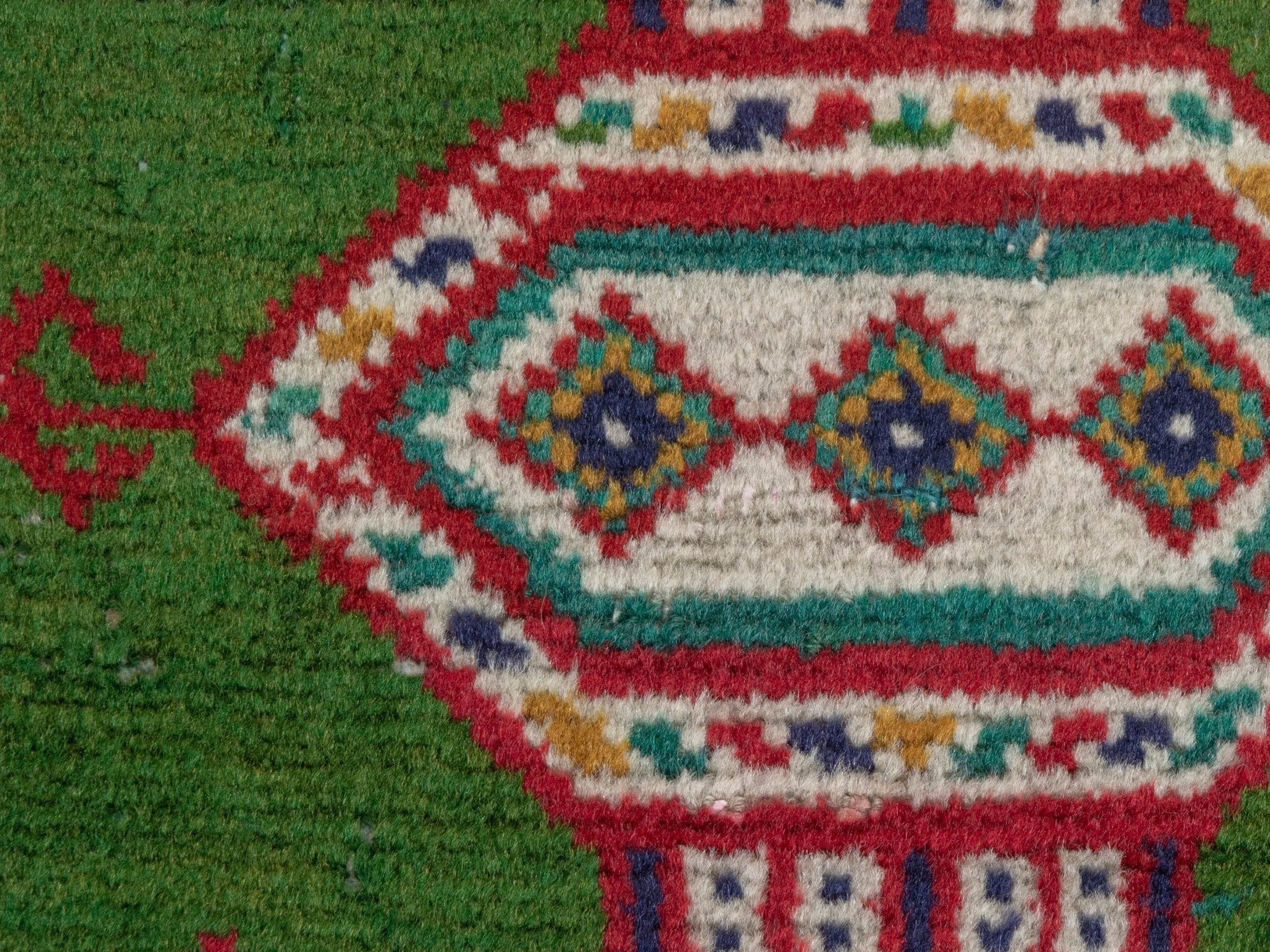 Persian Torkaman accent rug in emerald and cream, view 4 of 5