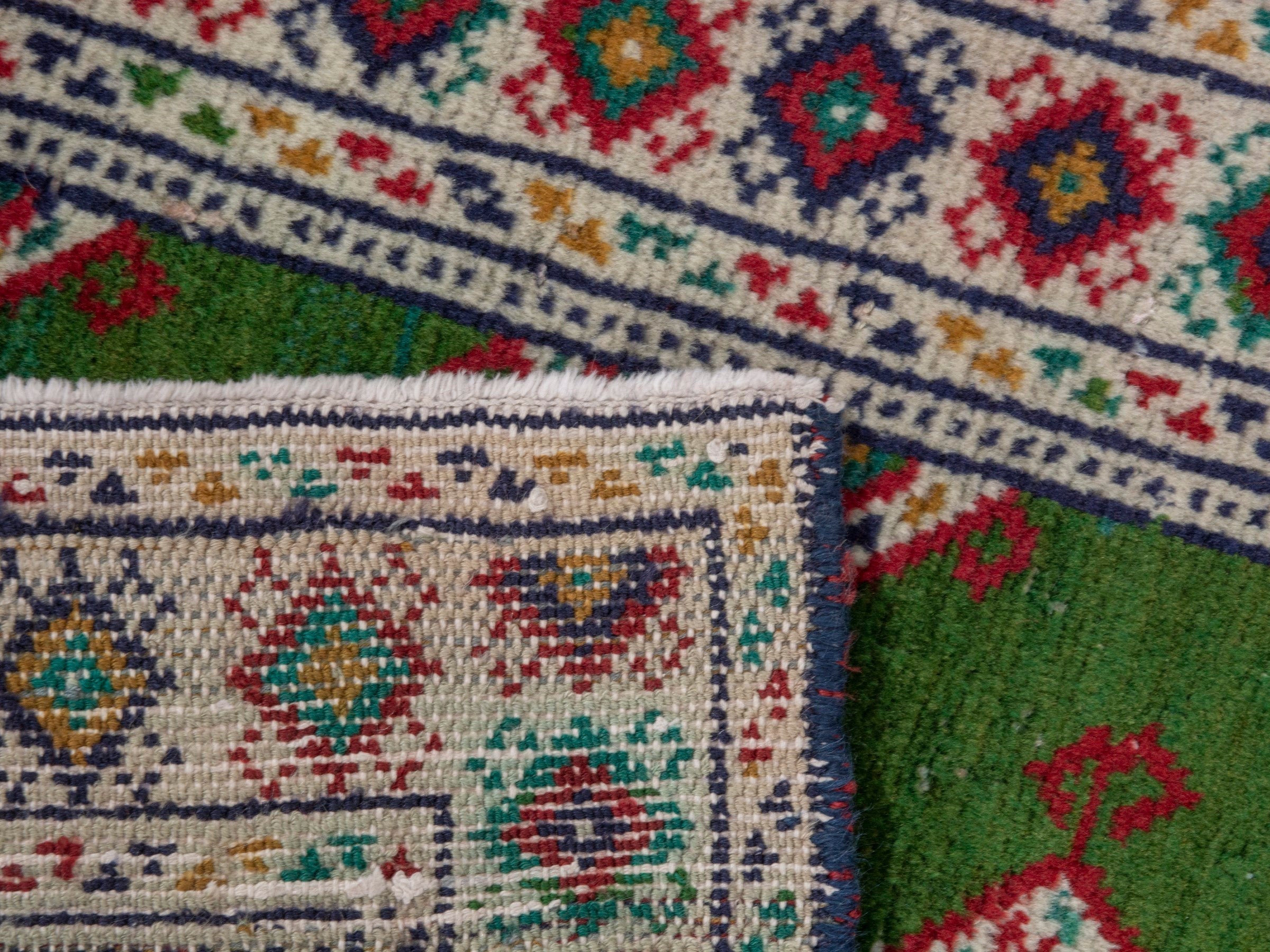 Persian Torkaman accent rug in emerald and cream, view 5 of 5
