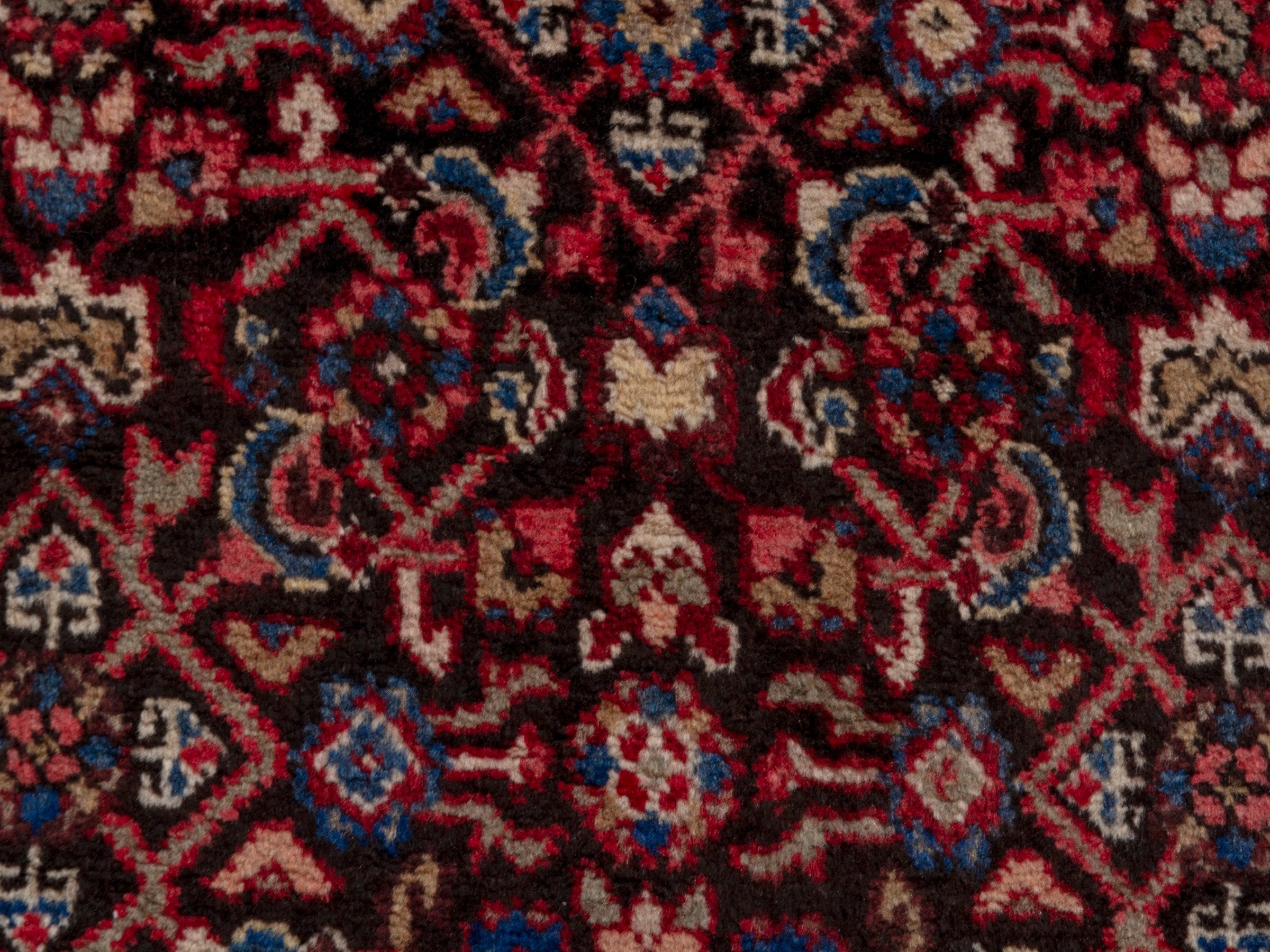 Persian Hamedan accent rug in burgundy and deep red, view 6 of 7