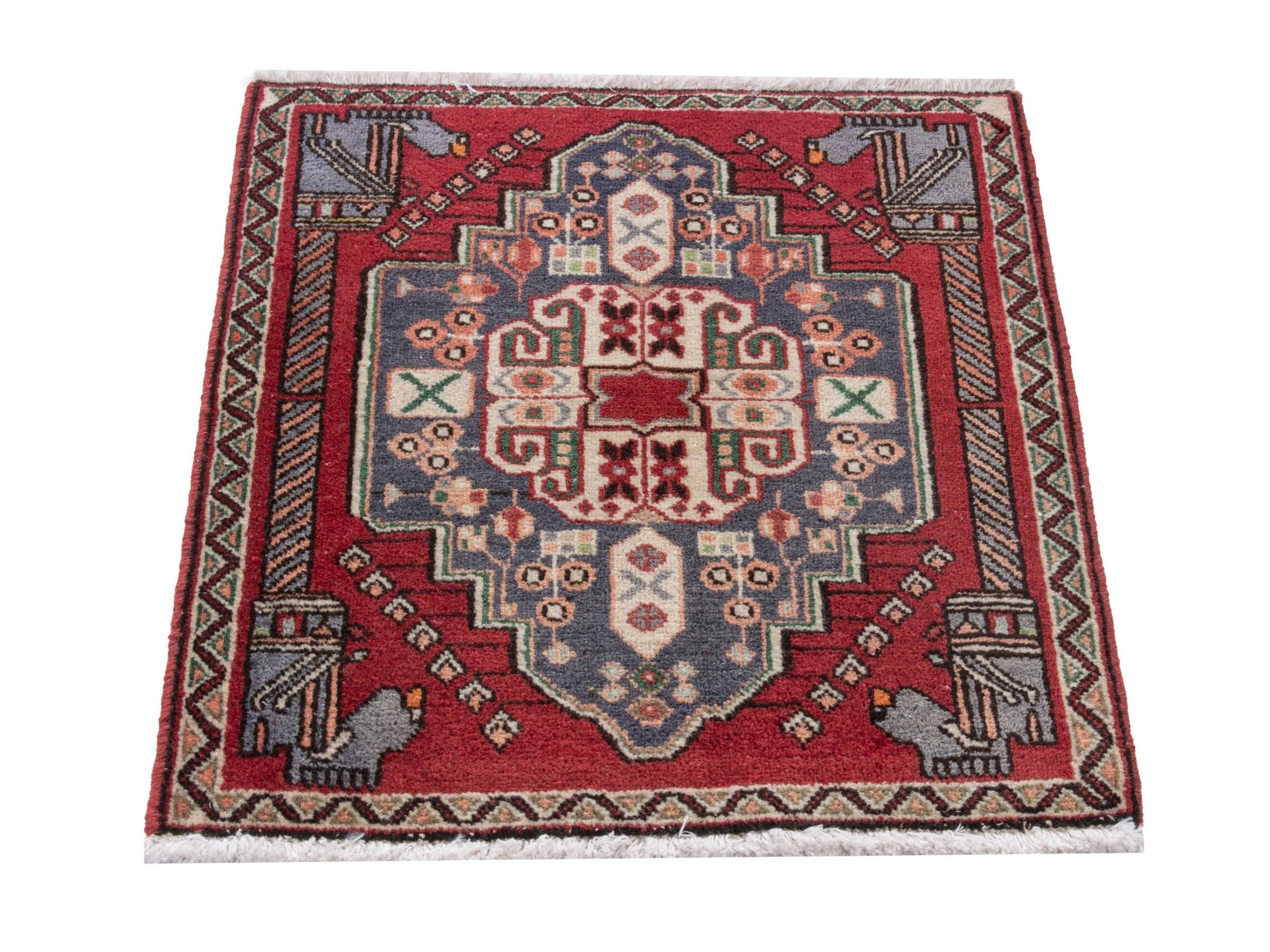 Persian Shiraz accent rug in deep red and navy, view 2 of 7
