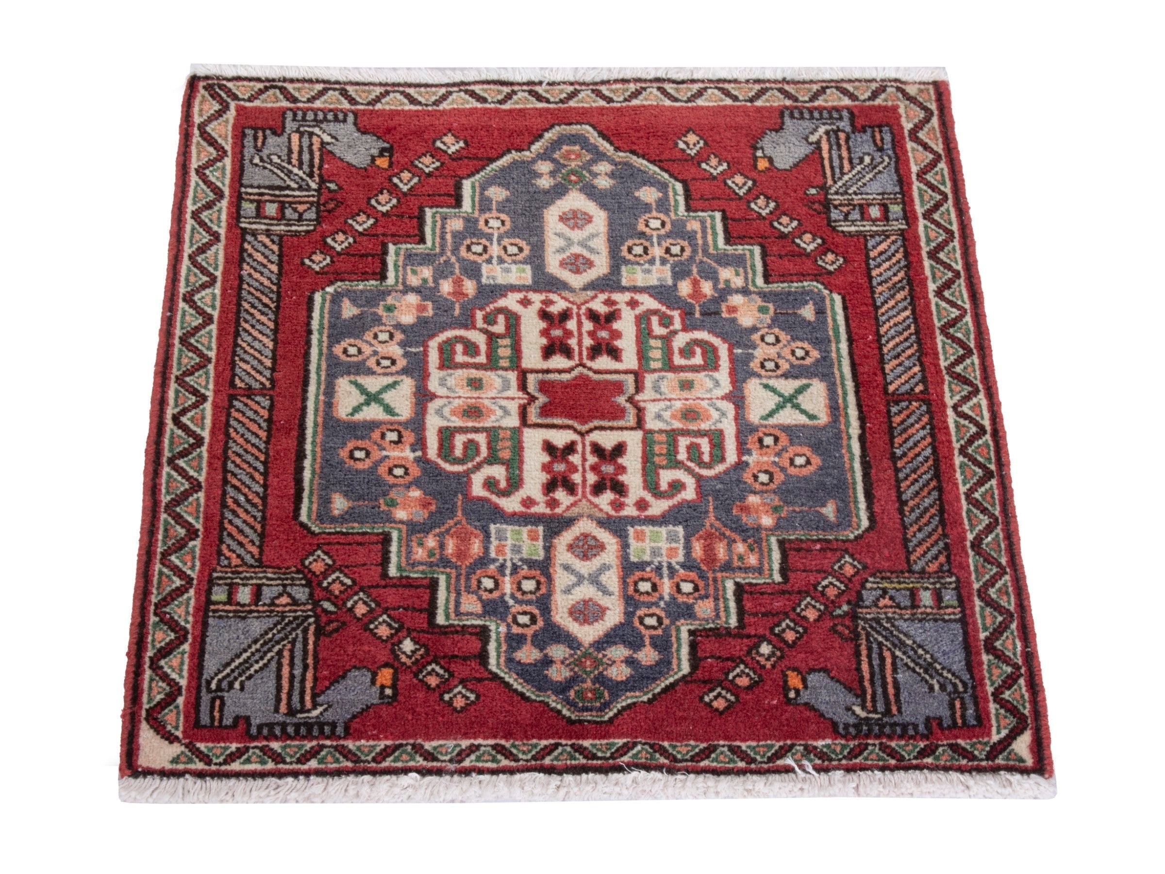 Persian Shiraz accent rug in deep red and navy, view 3 of 7