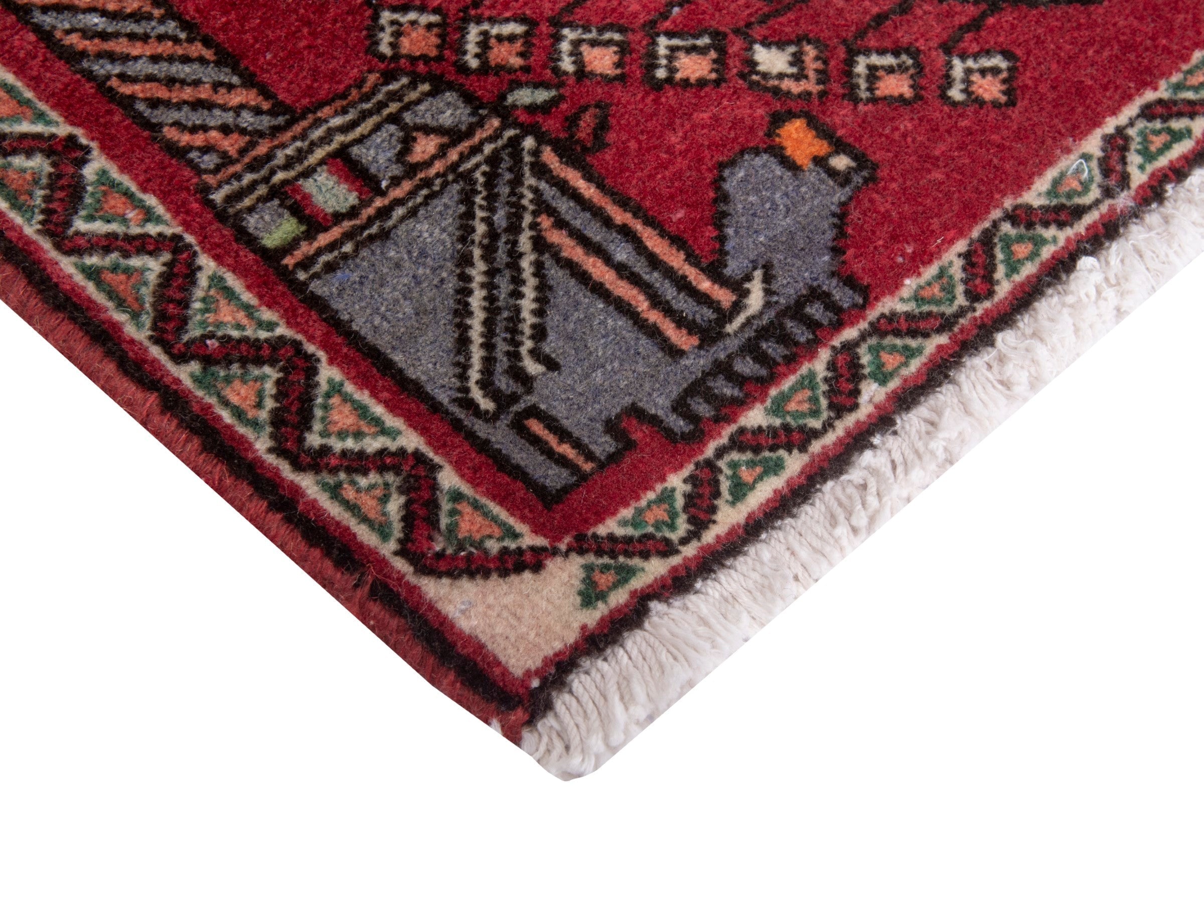 Persian Shiraz accent rug in deep red and navy, view 5 of 7