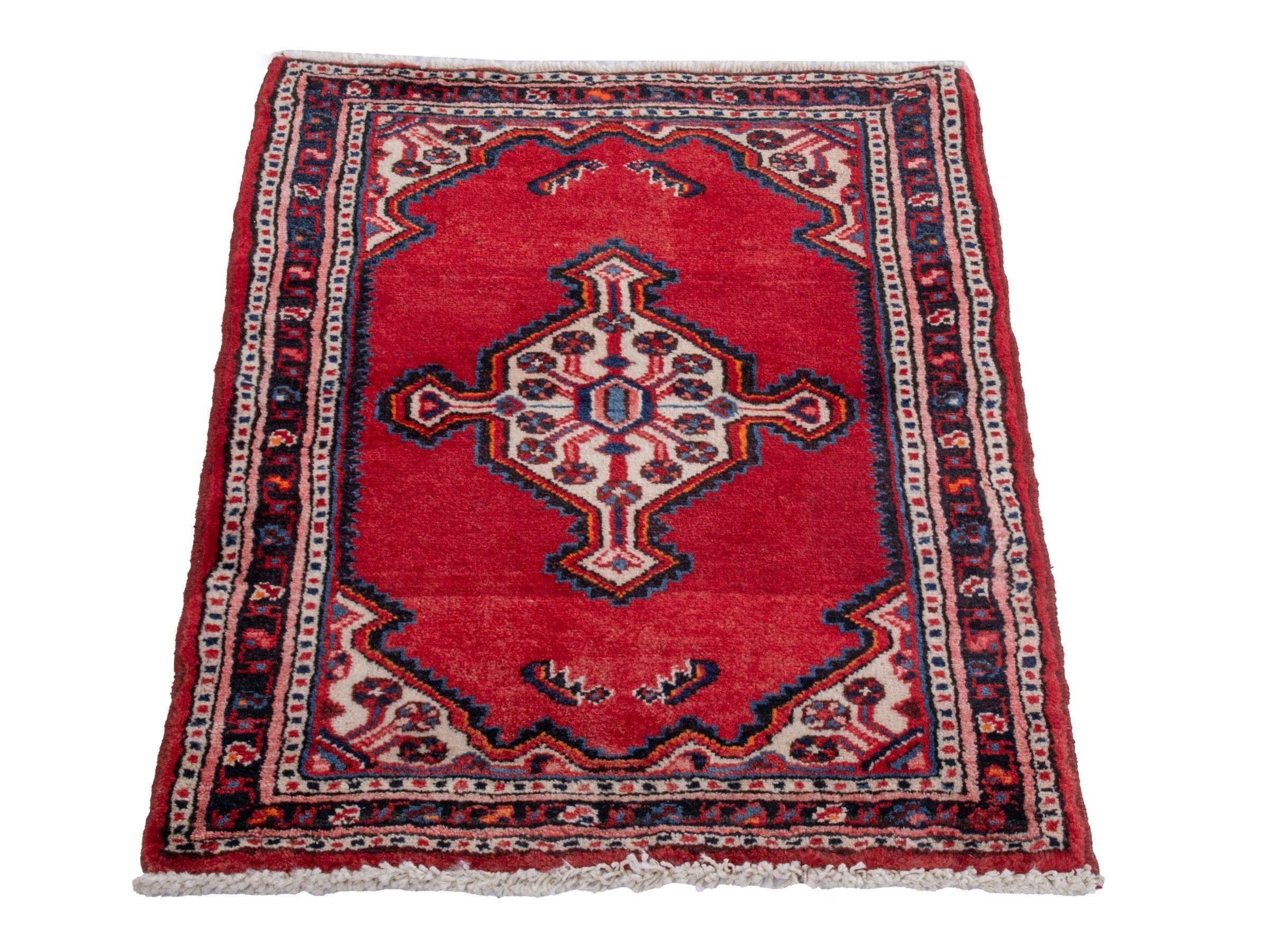 Persian Hamedan accent rug in deep red and navy, view 2 of 7