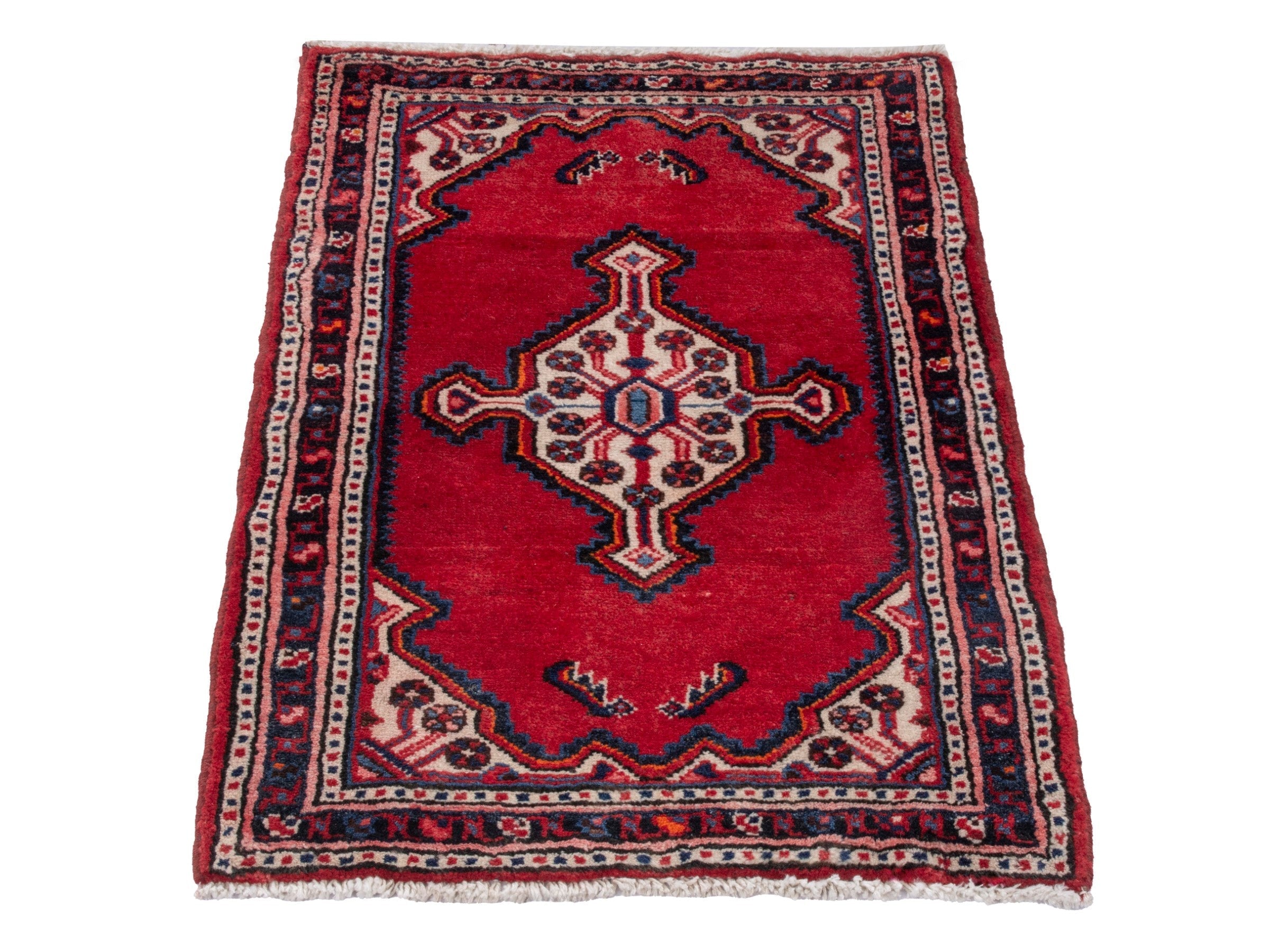 Persian Hamedan accent rug in deep red and navy, view 3 of 7