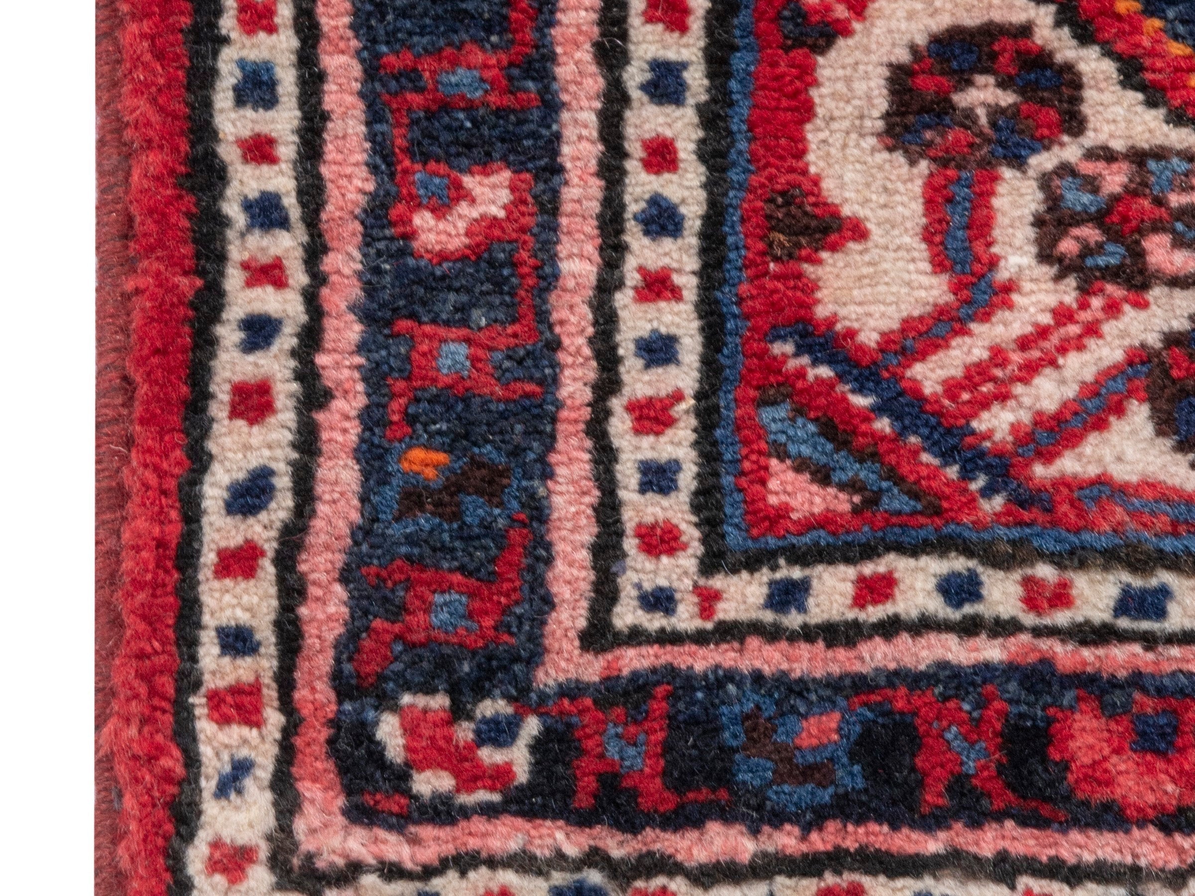 Persian Hamedan accent rug in deep red and navy, view 4 of 7