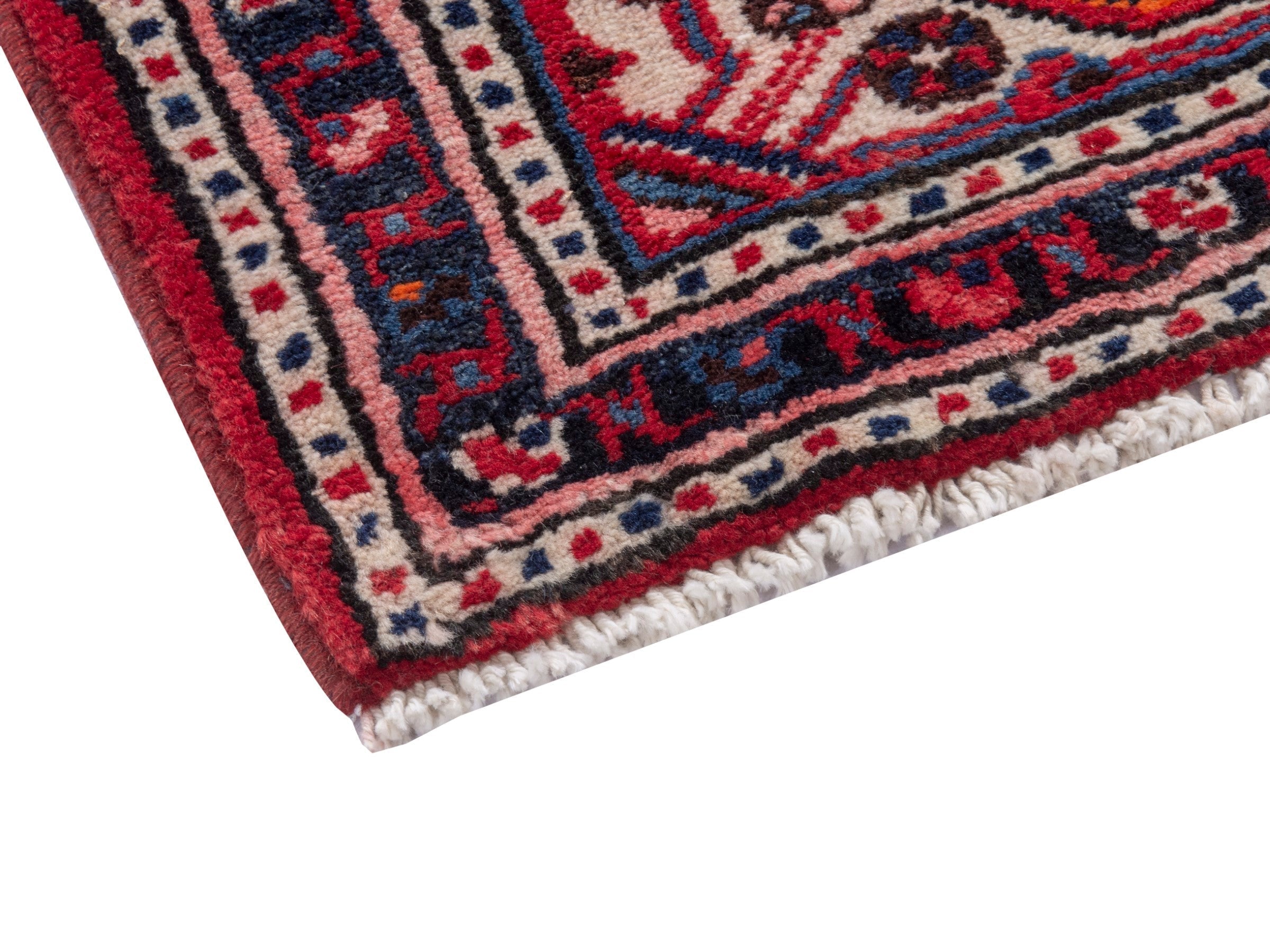 Persian Hamedan accent rug in deep red and navy, view 5 of 7