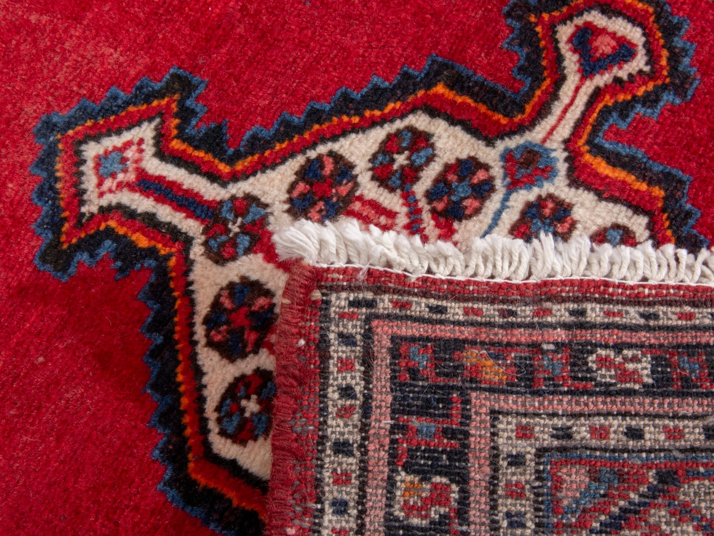 Persian Hamedan accent rug in deep red and navy, view 7 of 7