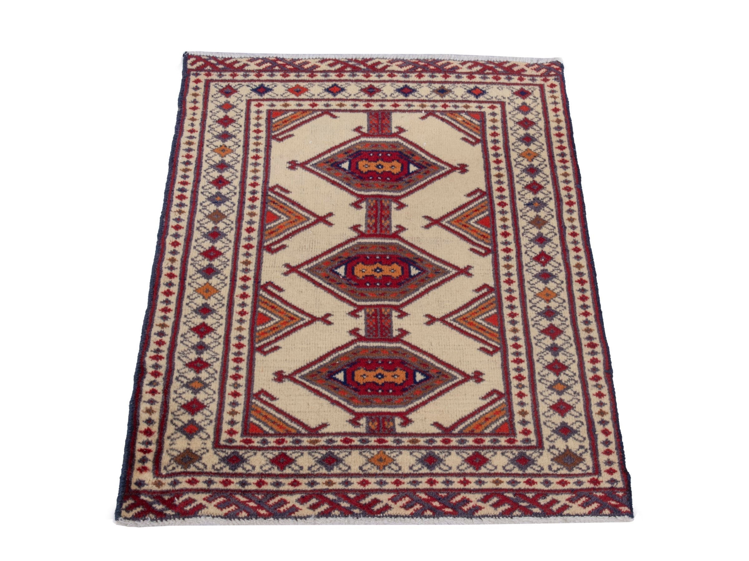 Persian Torkaman accent rug in cream and burgundy, view 2 of 7
