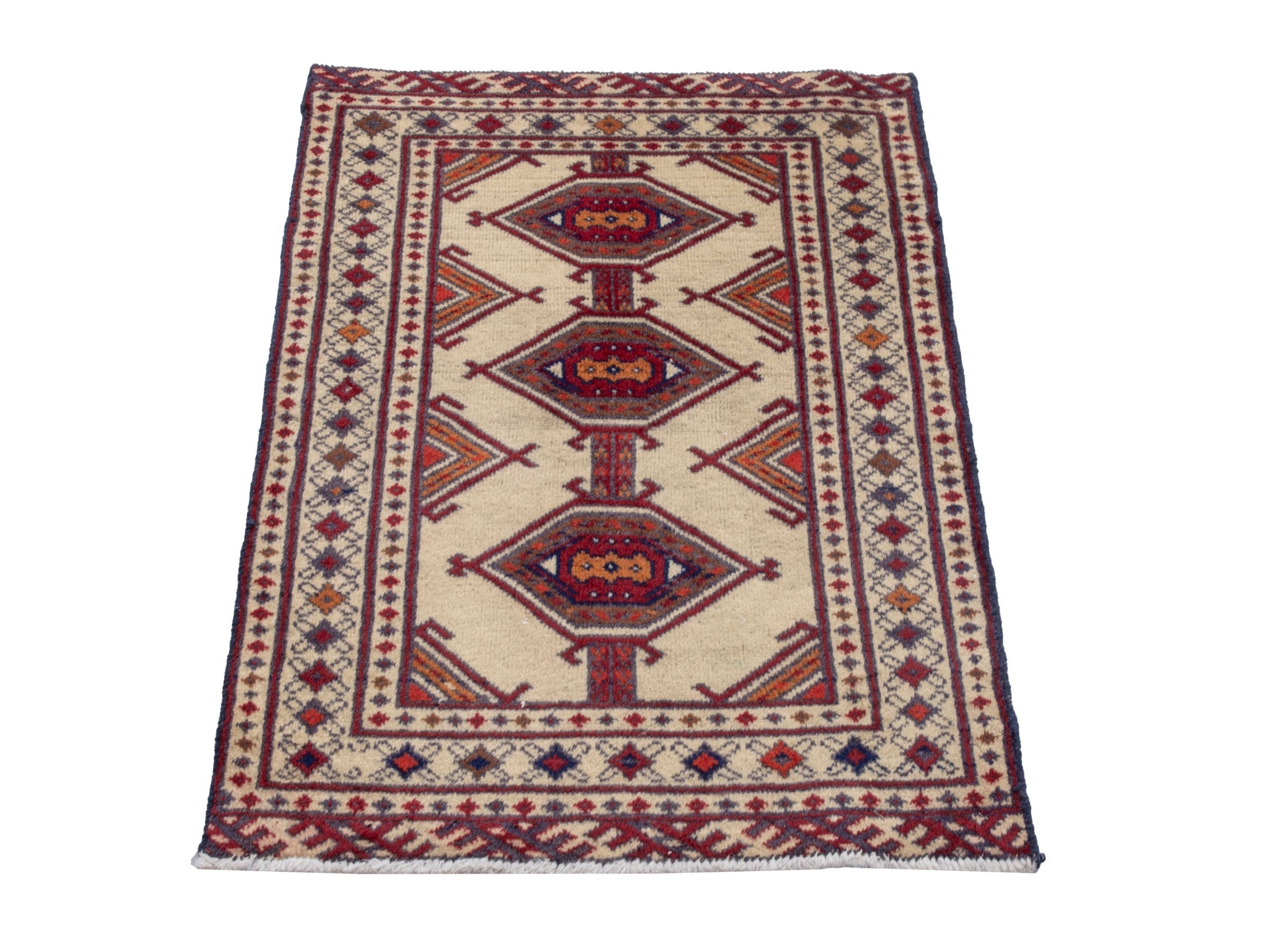 Persian Torkaman accent rug in cream and burgundy, view 3 of 7
