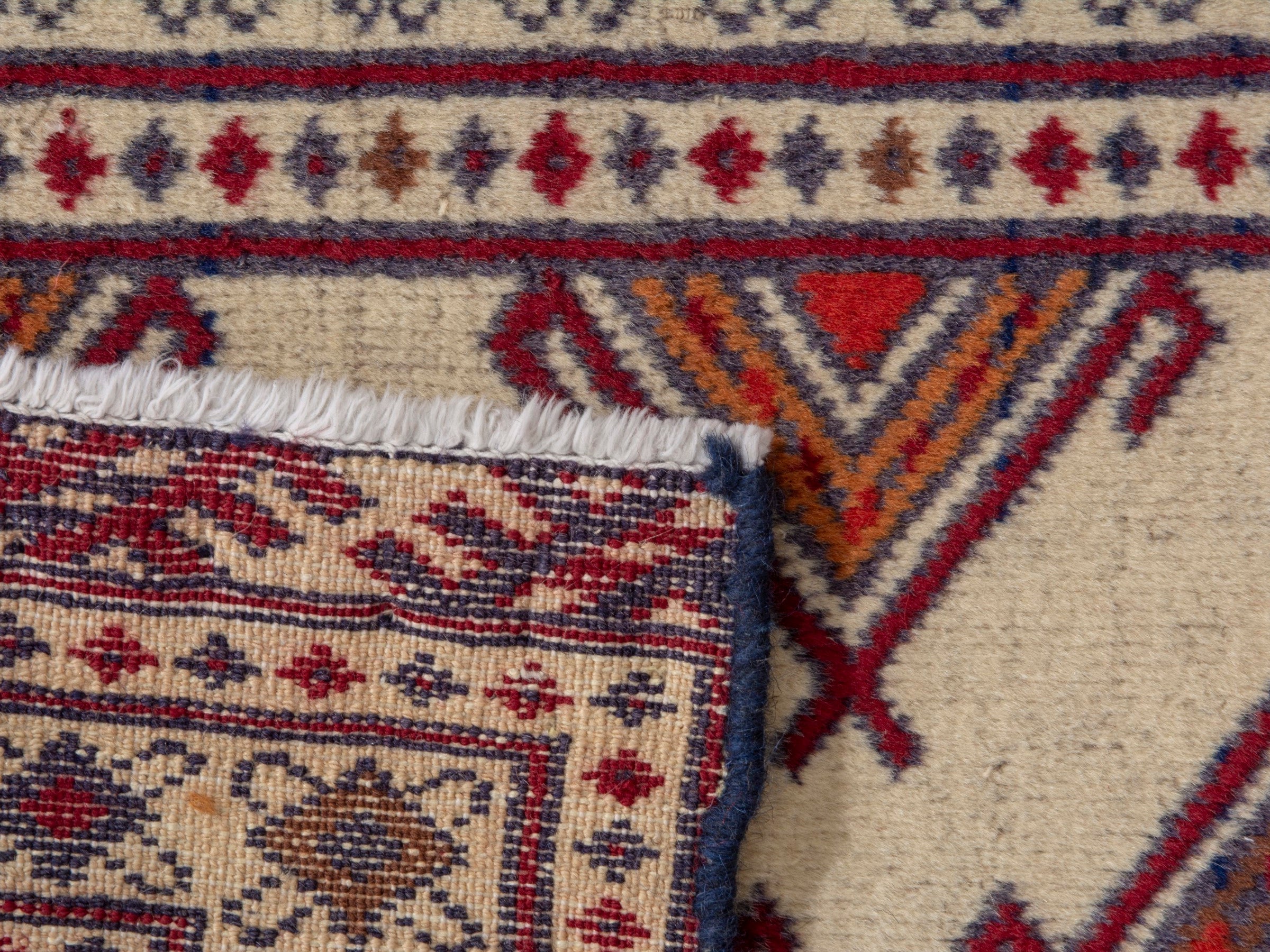 Persian Torkaman accent rug in cream and burgundy, view 7 of 7