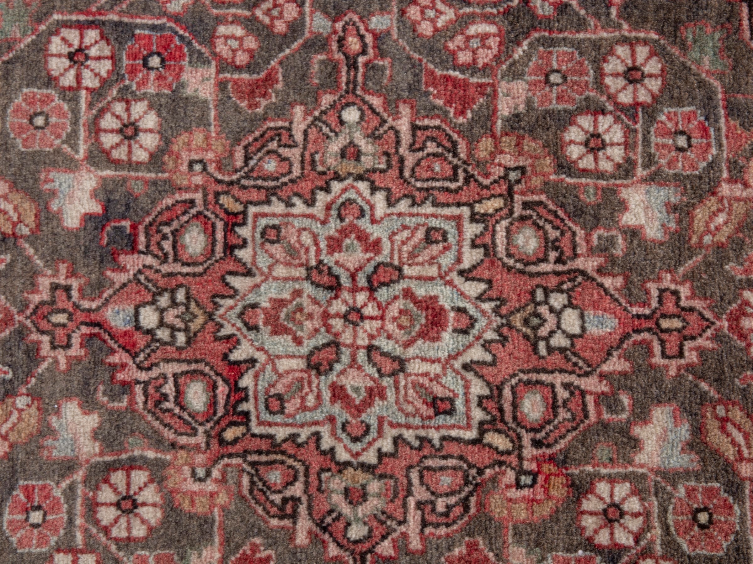Persian Malayer accent rug in dusty rose and faded red, view 6 of 7