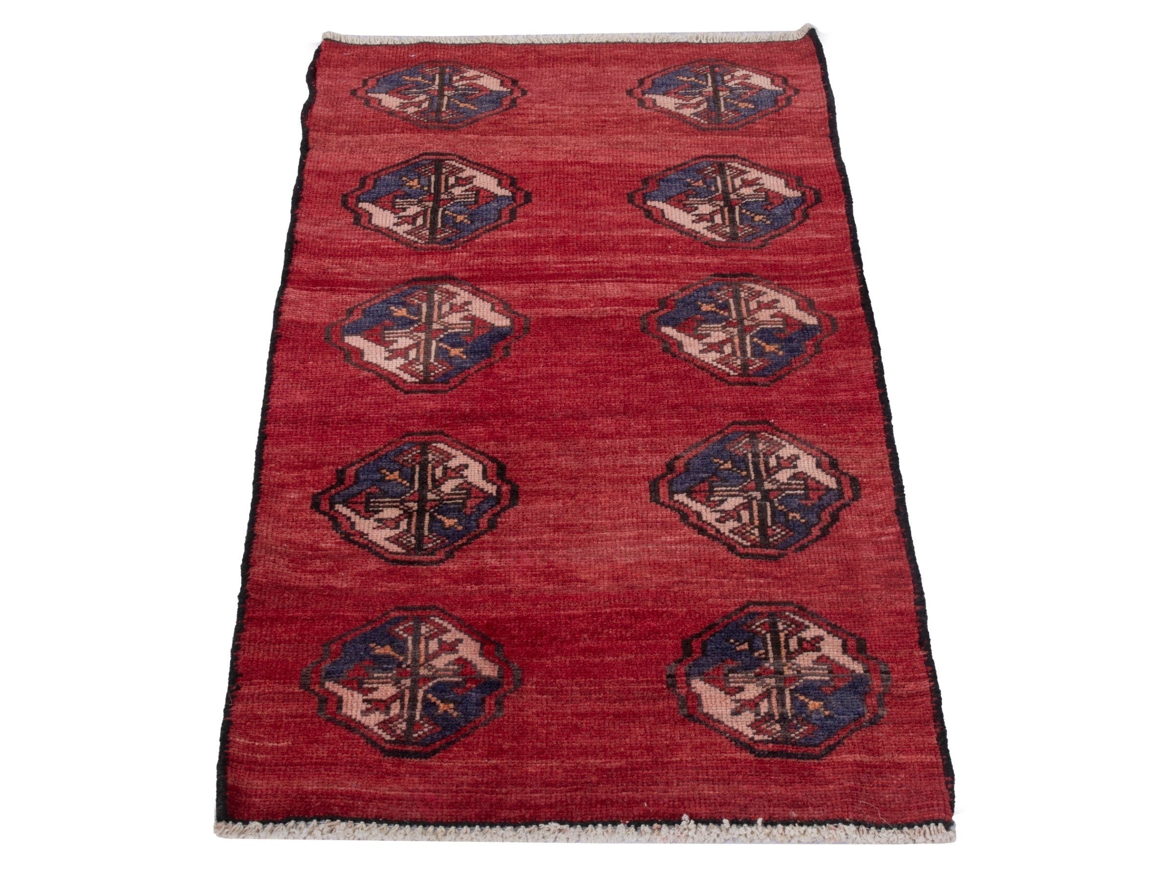 Persian Torkaman accent rug in deep red and dark blue, view 2 of 7