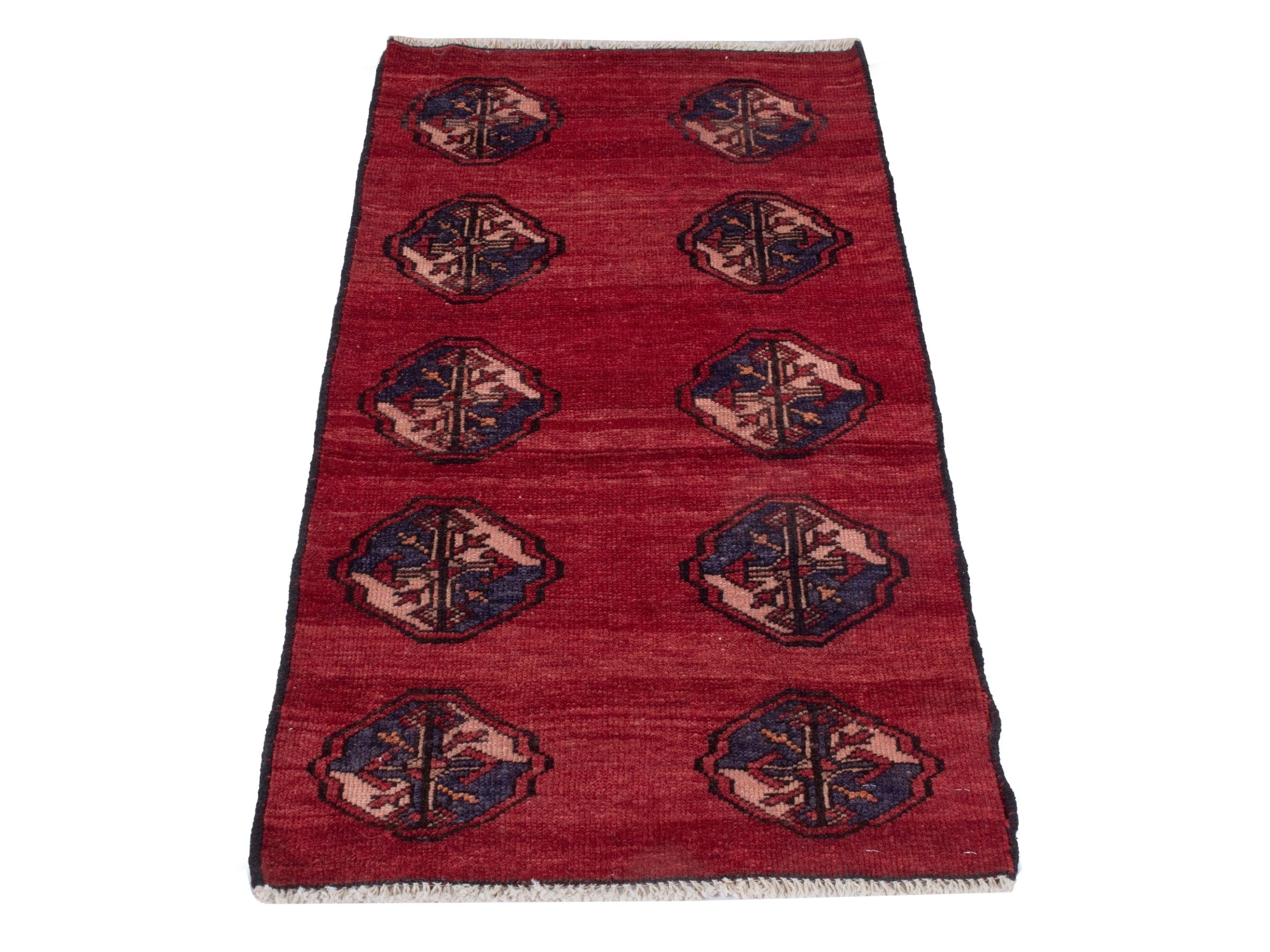 Persian Torkaman accent rug in deep red and dark blue, view 3 of 7
