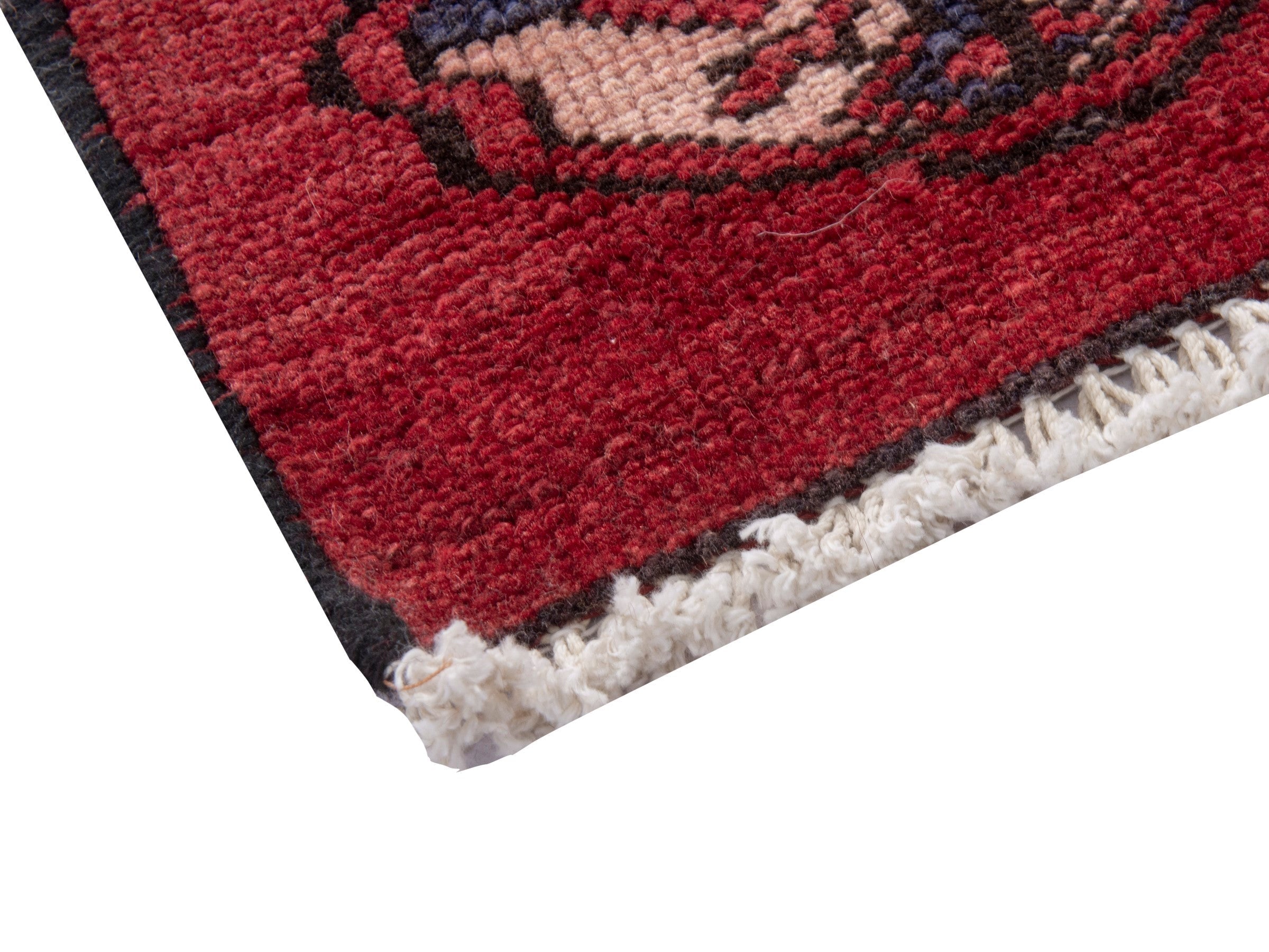 Persian Torkaman accent rug in deep red and dark blue, view 5 of 7