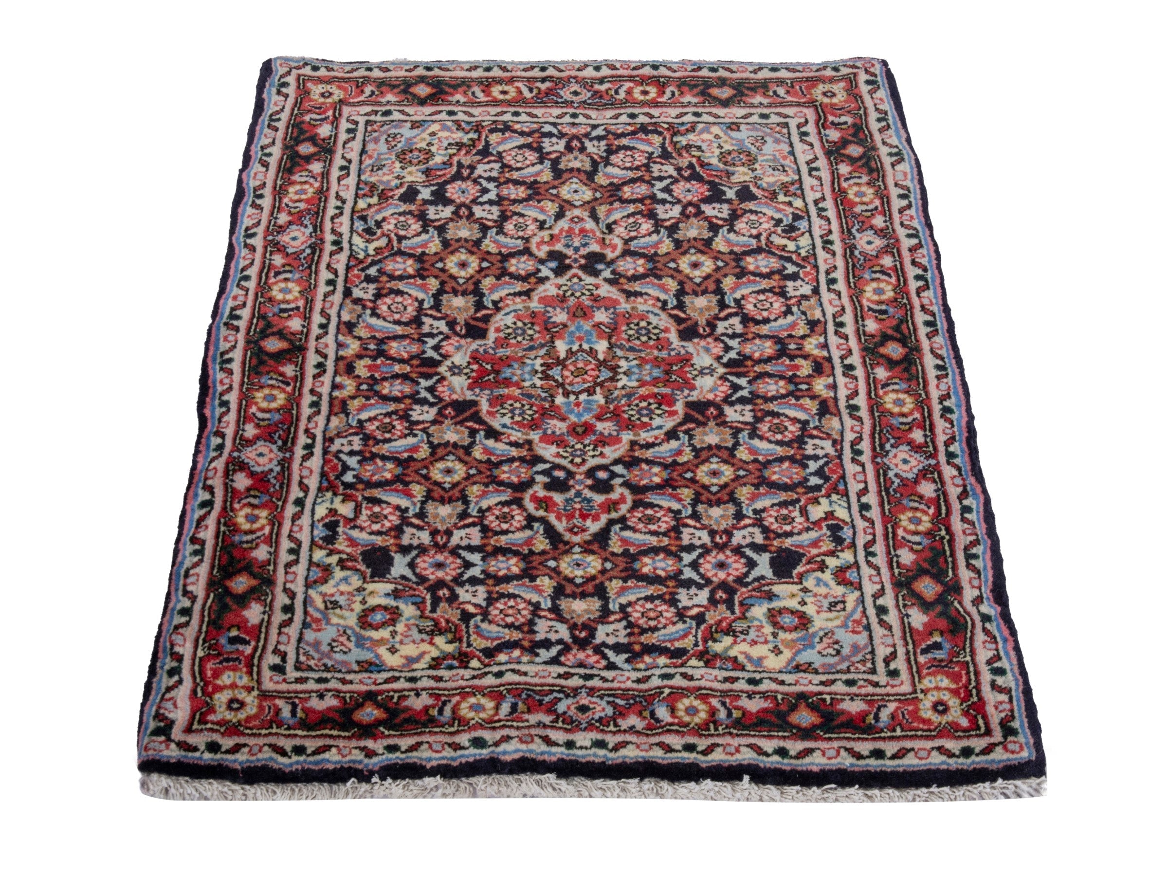 Persian Hamedan accent rug in navy and deep red, view 2 of 7