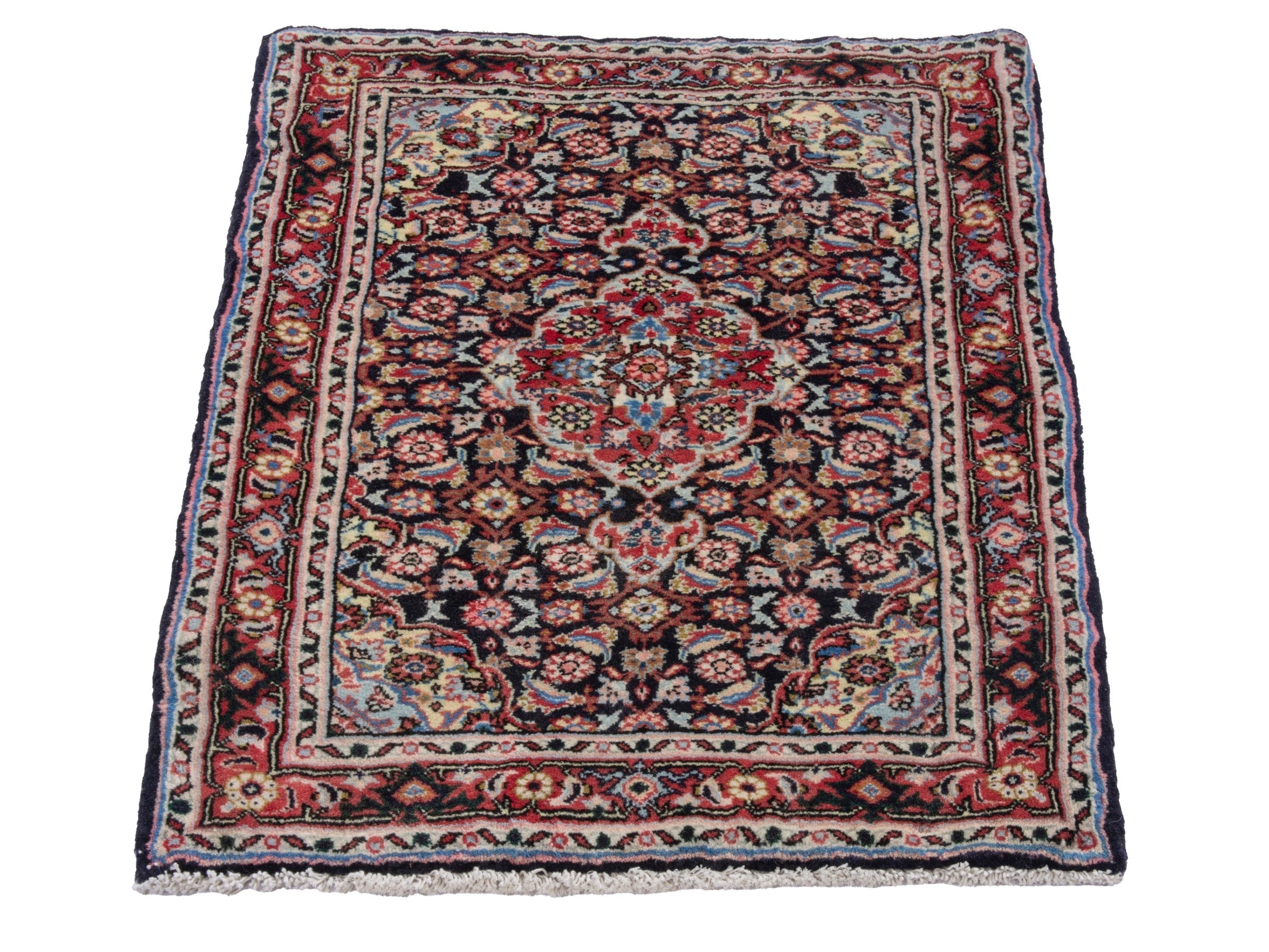 Persian Hamedan accent rug in navy and deep red, view 3 of 7