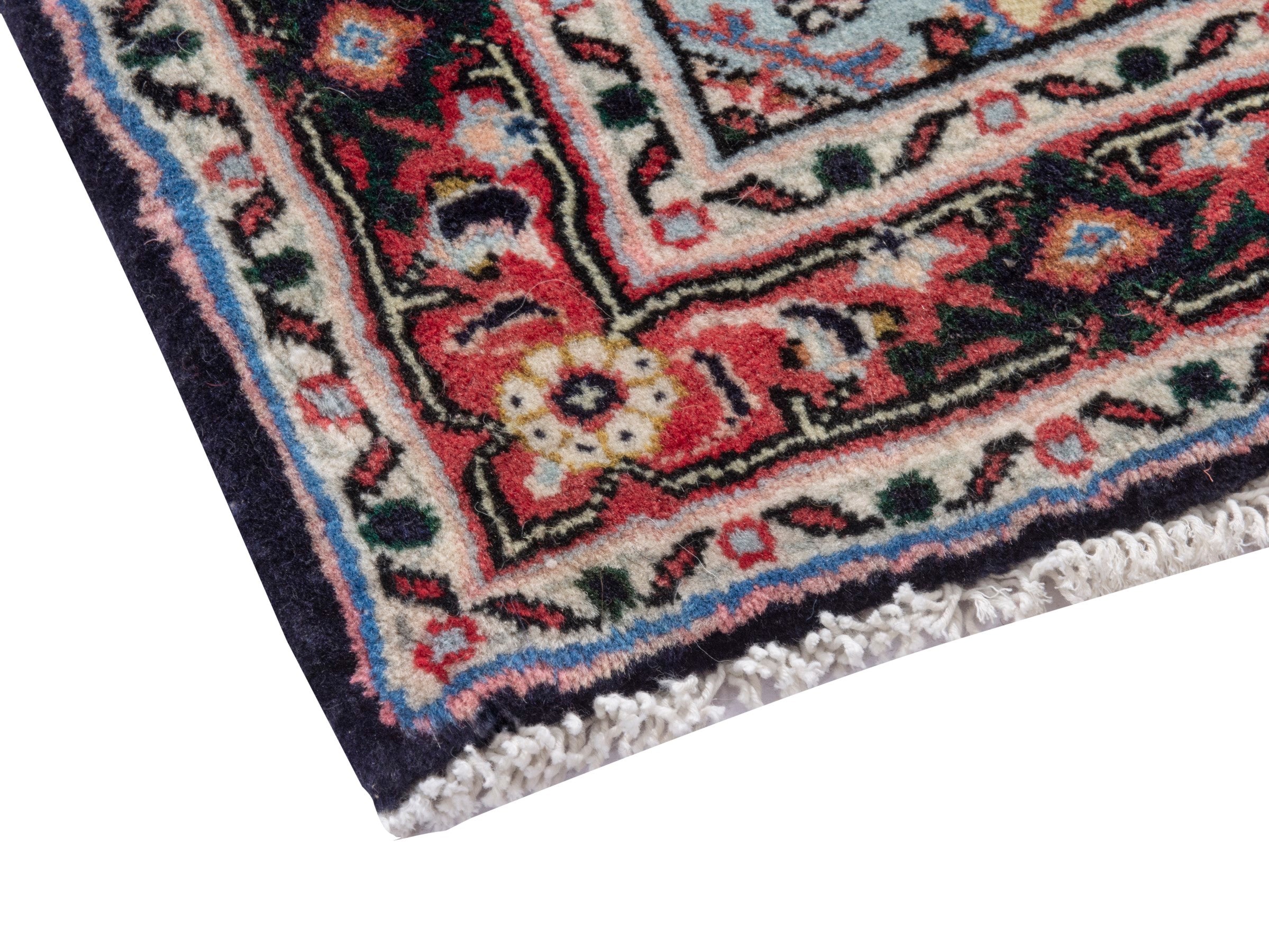 Persian Hamedan accent rug in navy and deep red, view 5 of 7