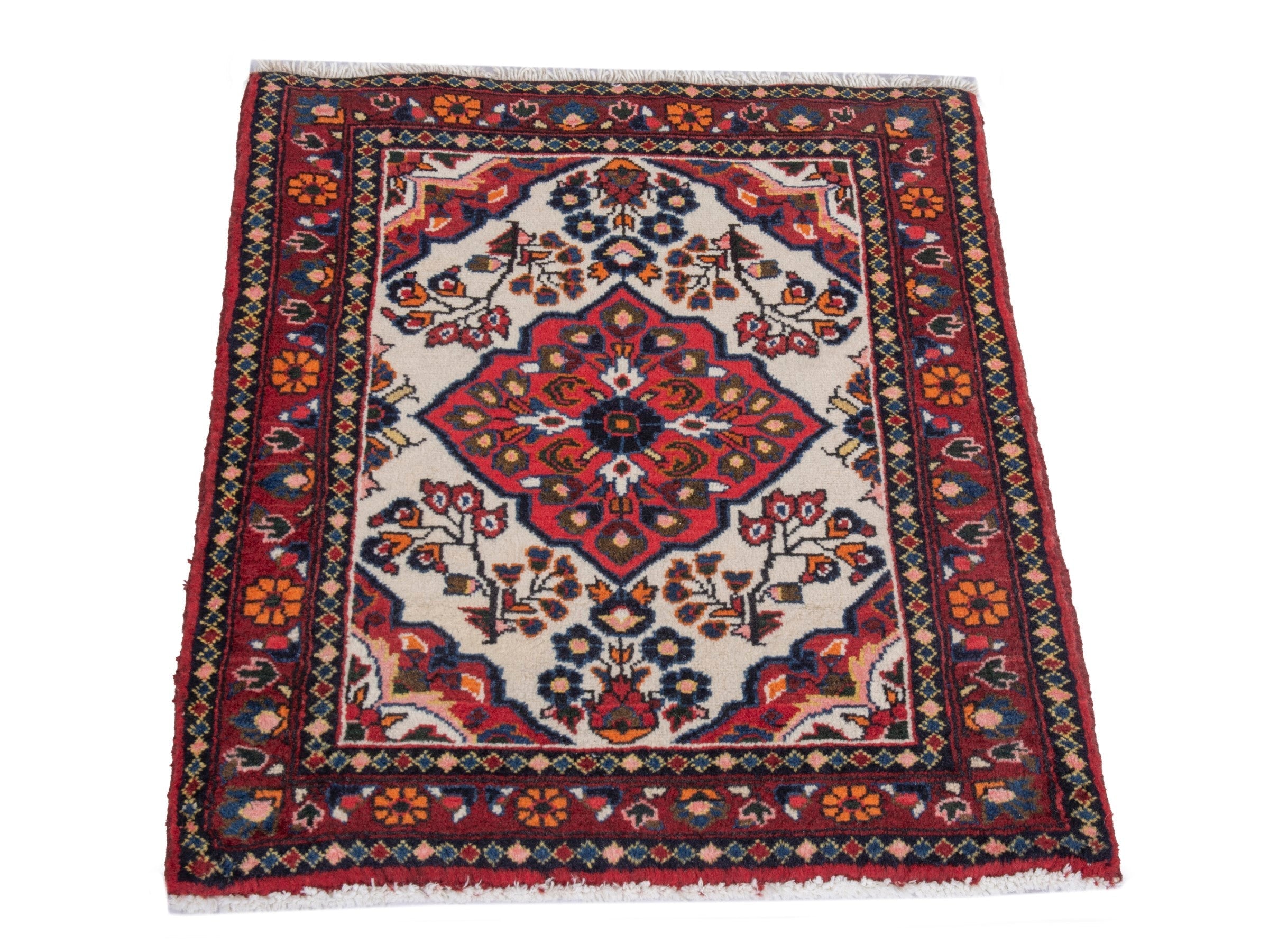 Persian Hamedan accent rug in cream and deep red, view 2 of 7
