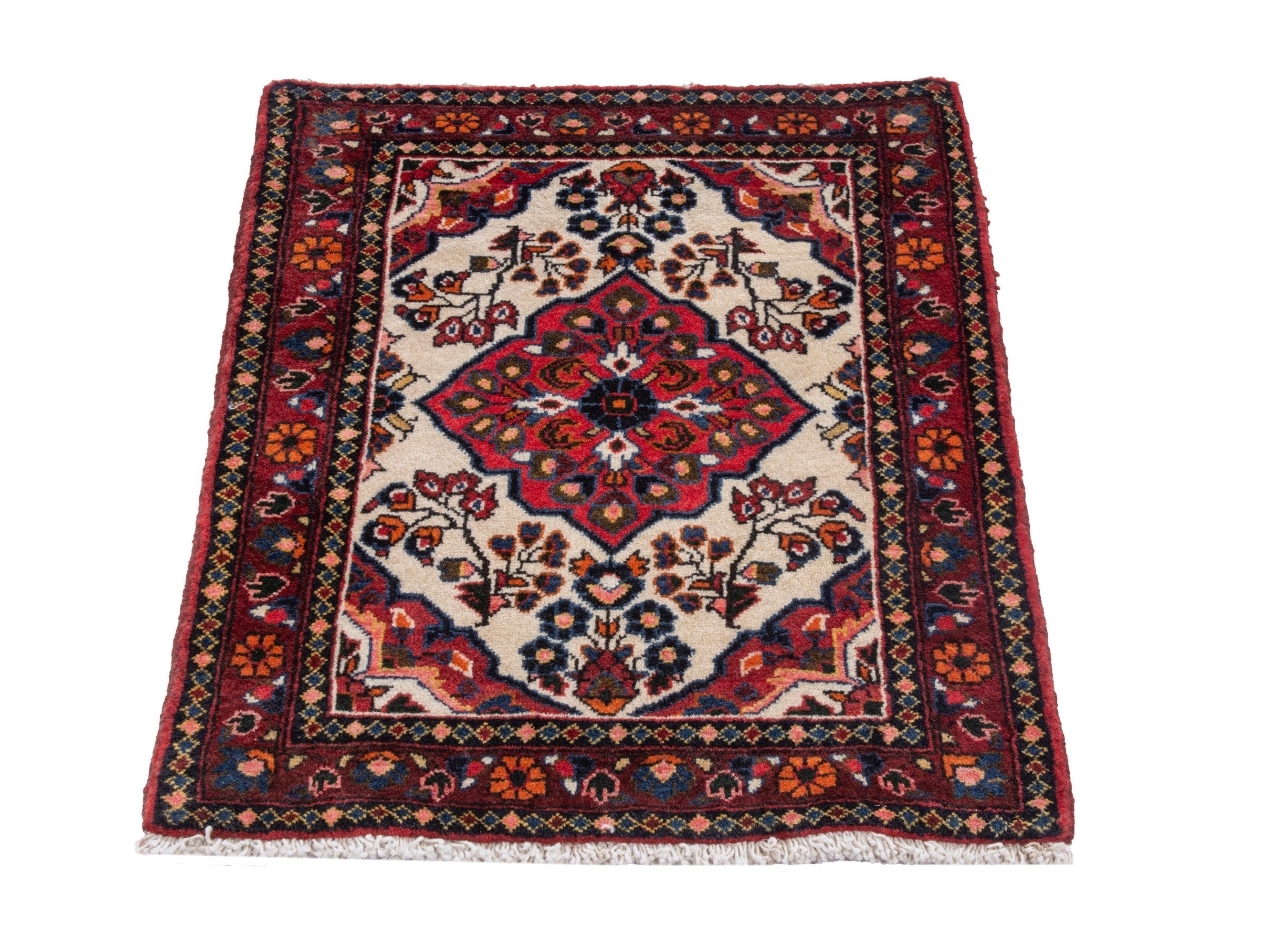 Persian Hamedan accent rug in cream and deep red, view 3 of 7