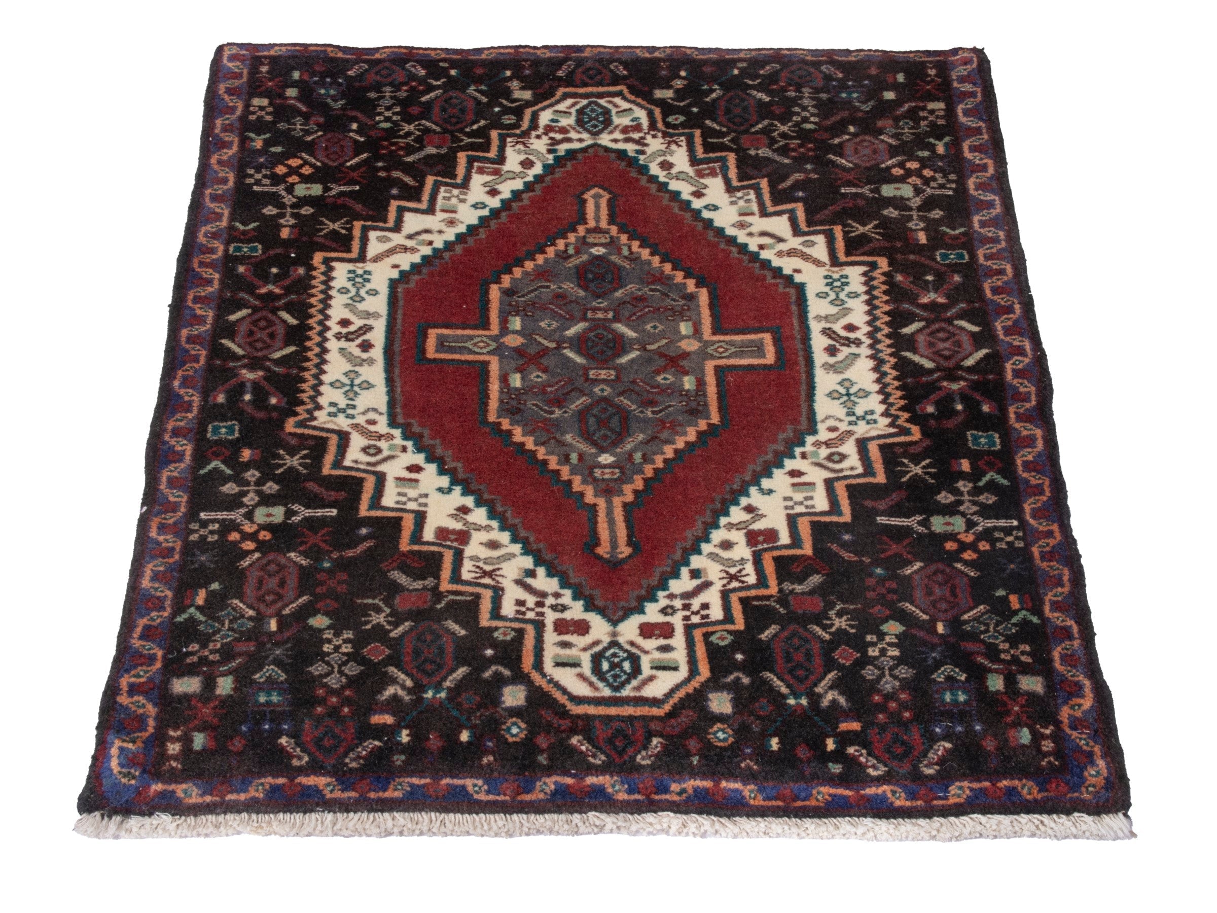Persian Sanandaj accent rug in deep red and dark brown, view 2 of 7