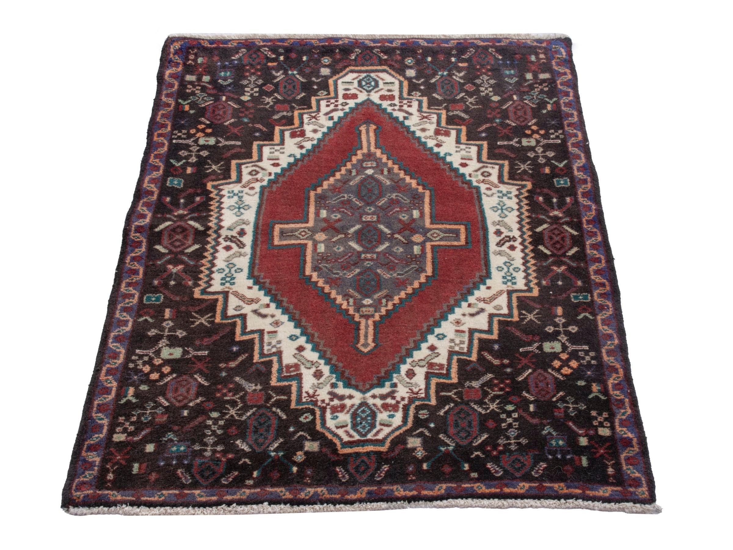 Persian Sanandaj accent rug in deep red and dark brown, view 3 of 7