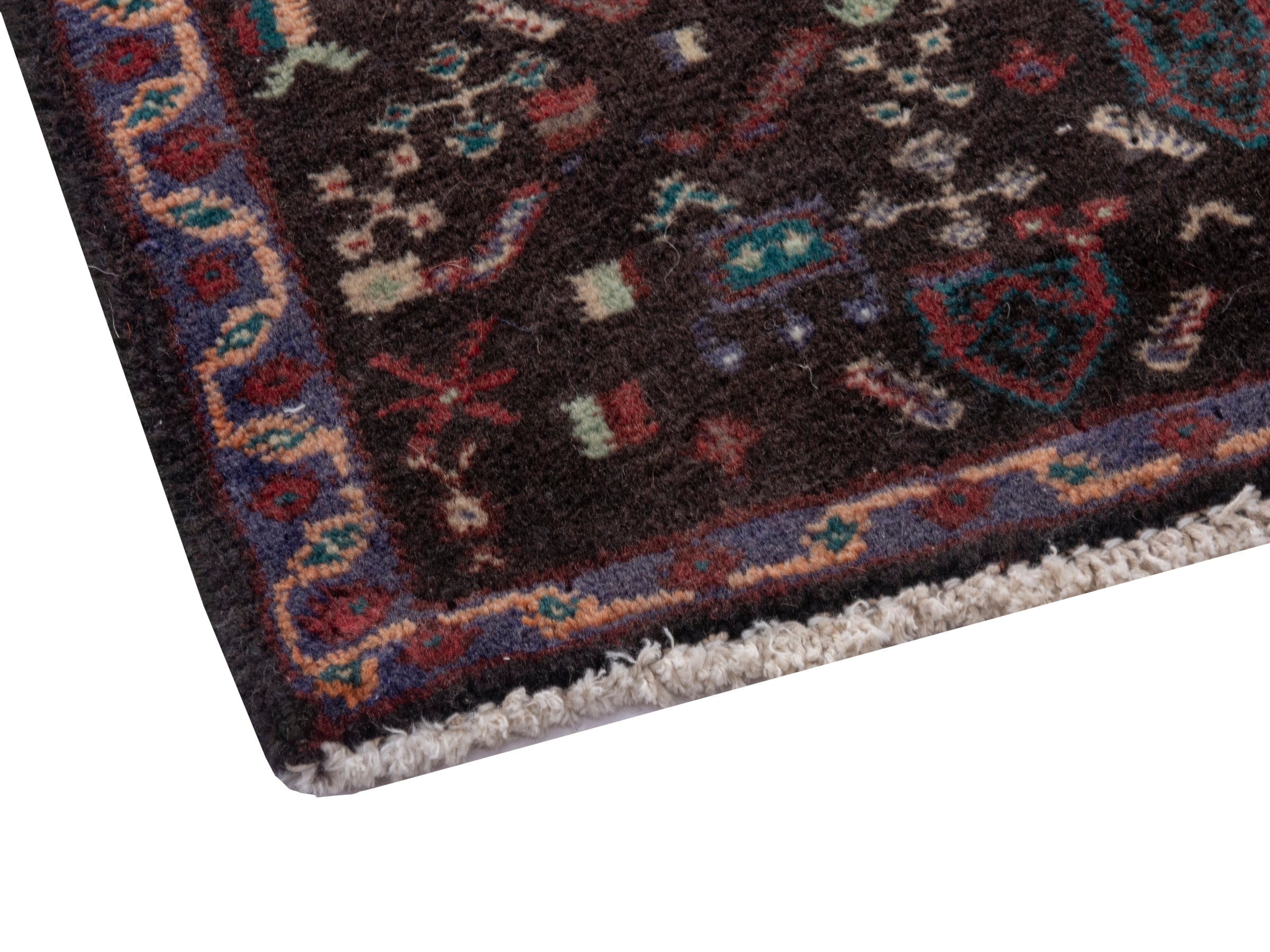 Persian Sanandaj accent rug in deep red and dark brown, view 5 of 7