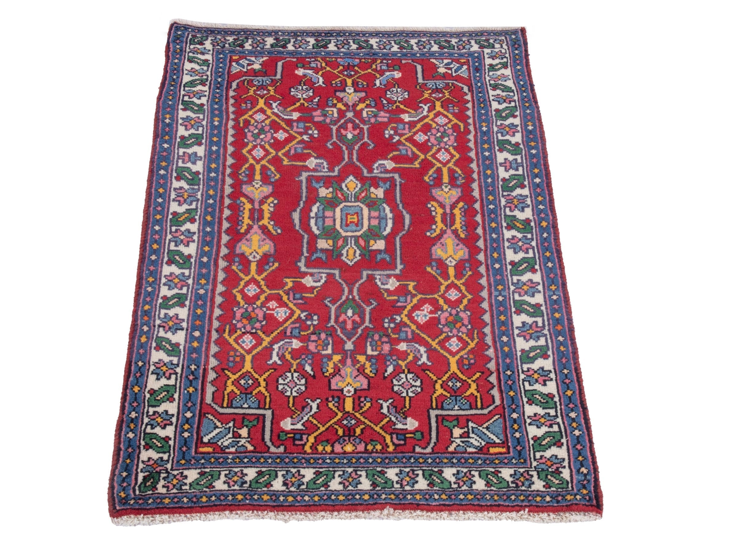 Persian Hamedan accent rug in deep red and navy, view 2 of 7