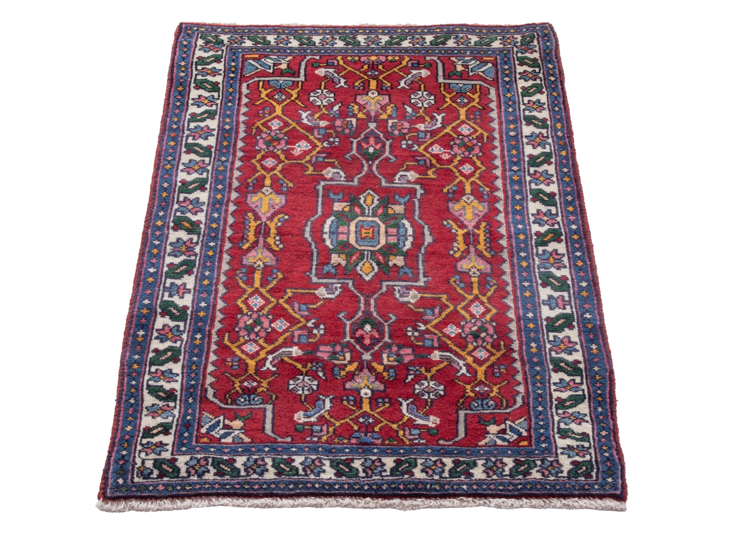 Persian Hamedan accent rug in deep red and navy, view 3 of 7