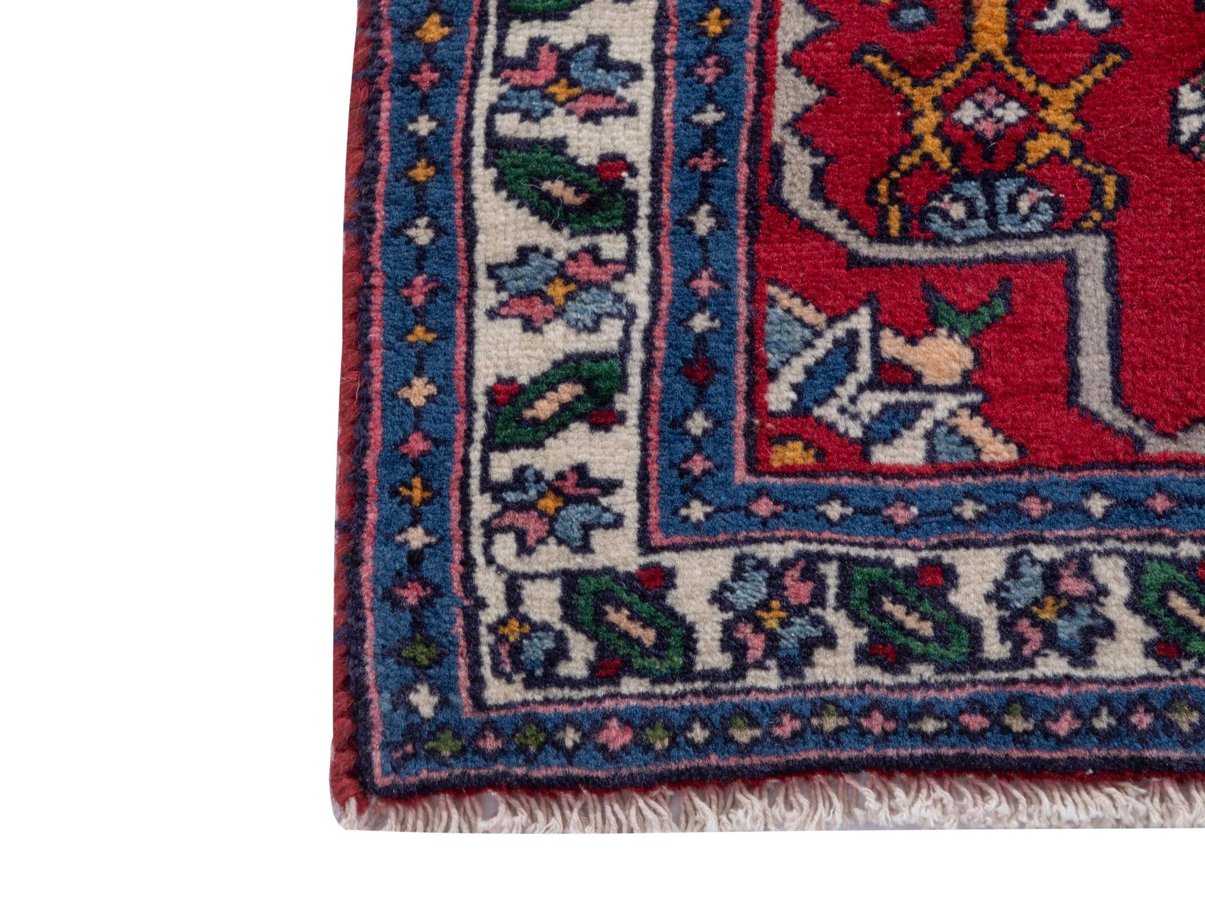 Persian Hamedan accent rug in deep red and navy, view 4 of 7