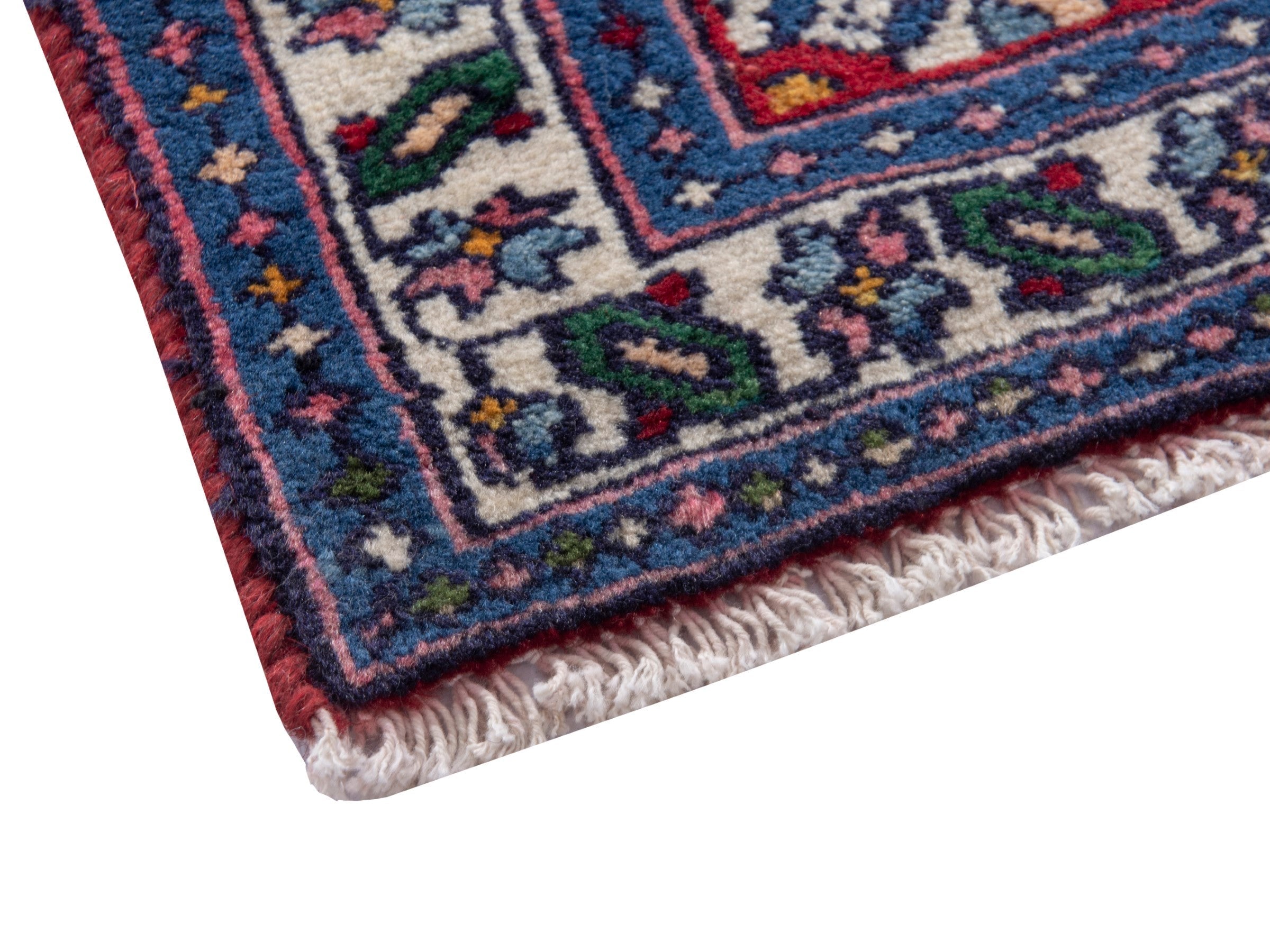 Persian Hamedan accent rug in deep red and navy, view 5 of 7