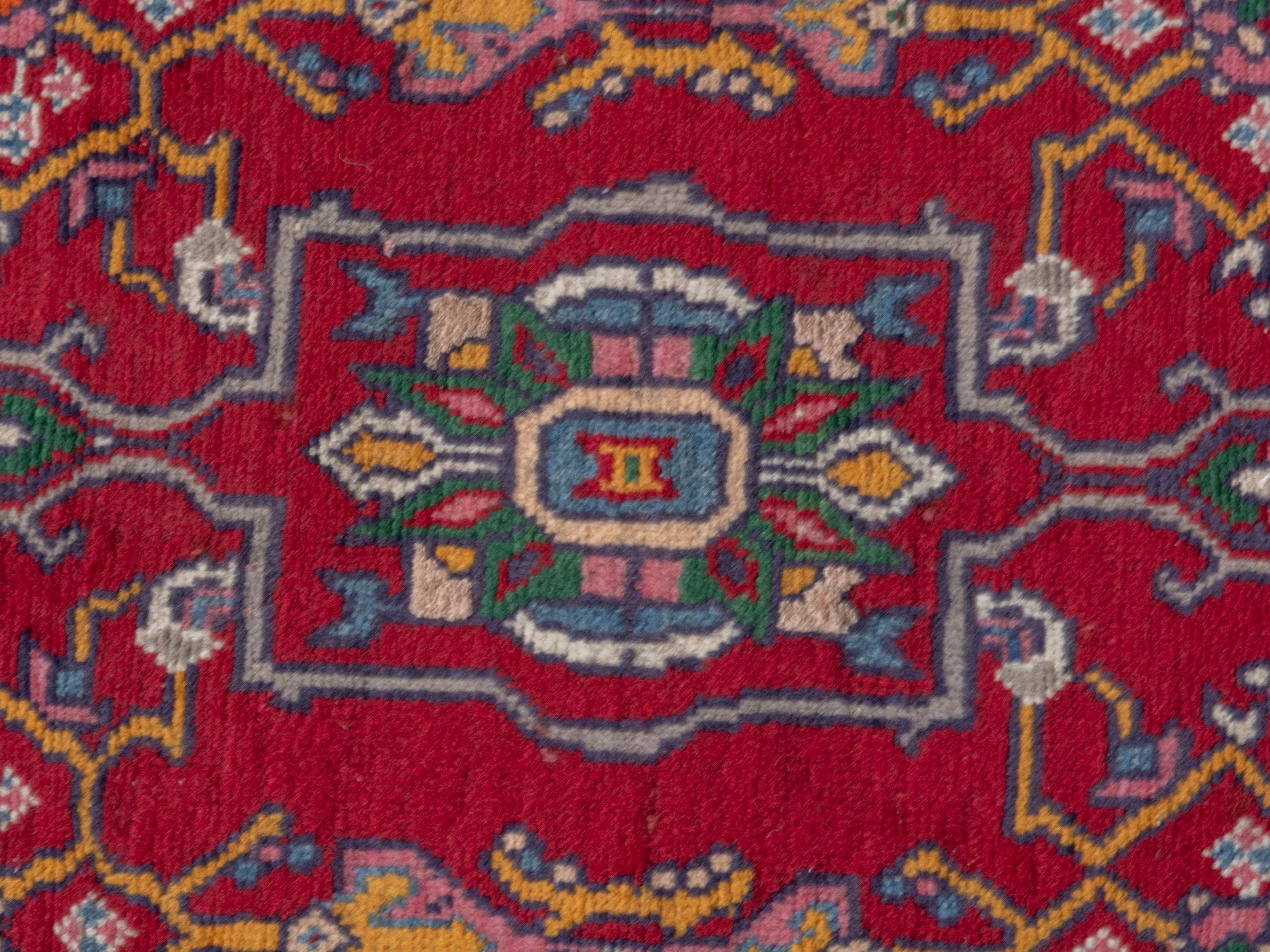 Persian Hamedan accent rug in deep red and navy, view 6 of 7