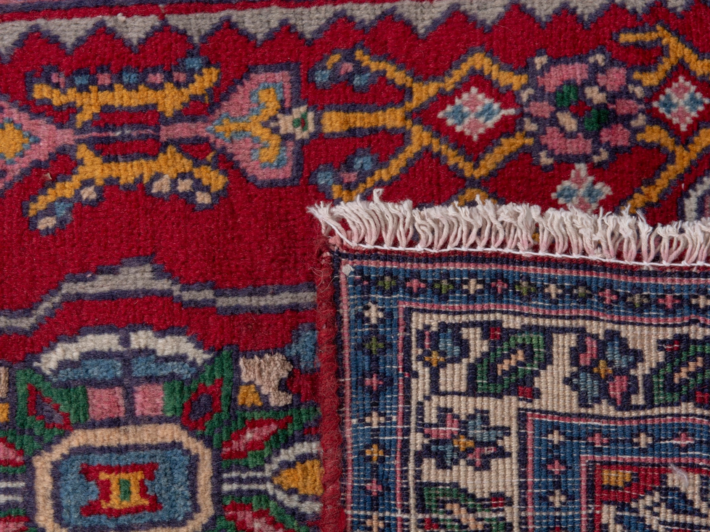 Persian Hamedan accent rug in deep red and navy, view 7 of 7