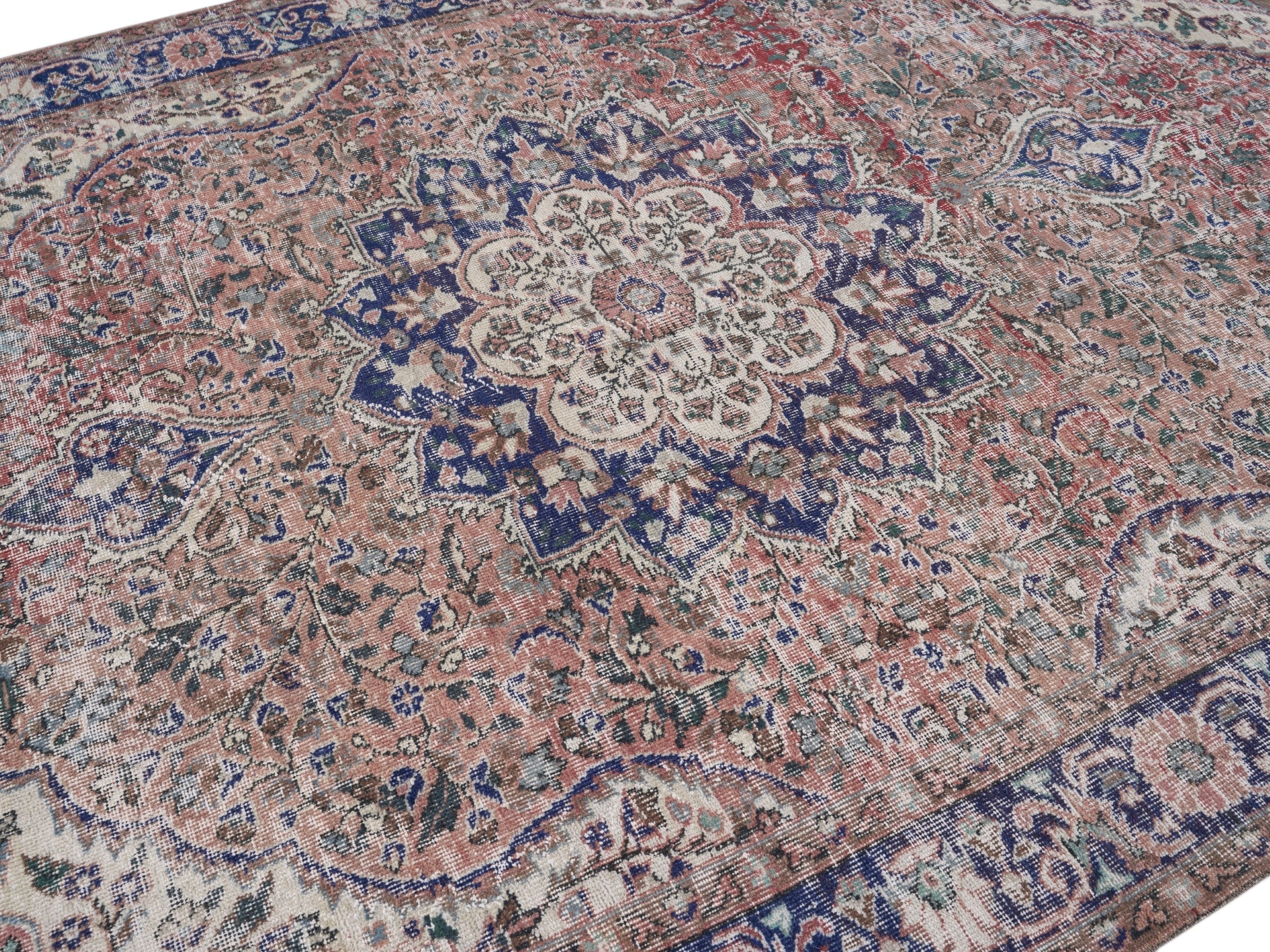 Turkish Isparta area rug in terracotta and navy, view 5 of 10