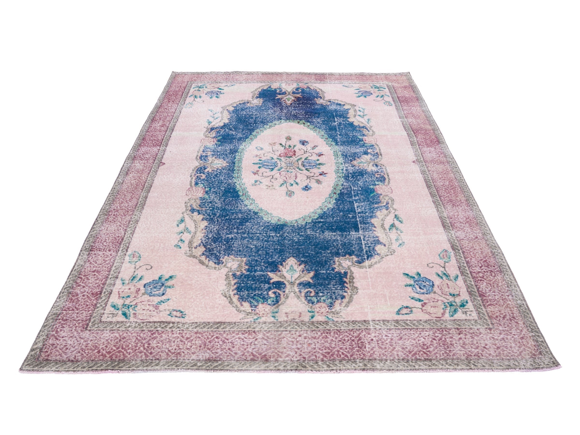 Turkish Isparta area rug in dark blue and cream, view 2 of 10