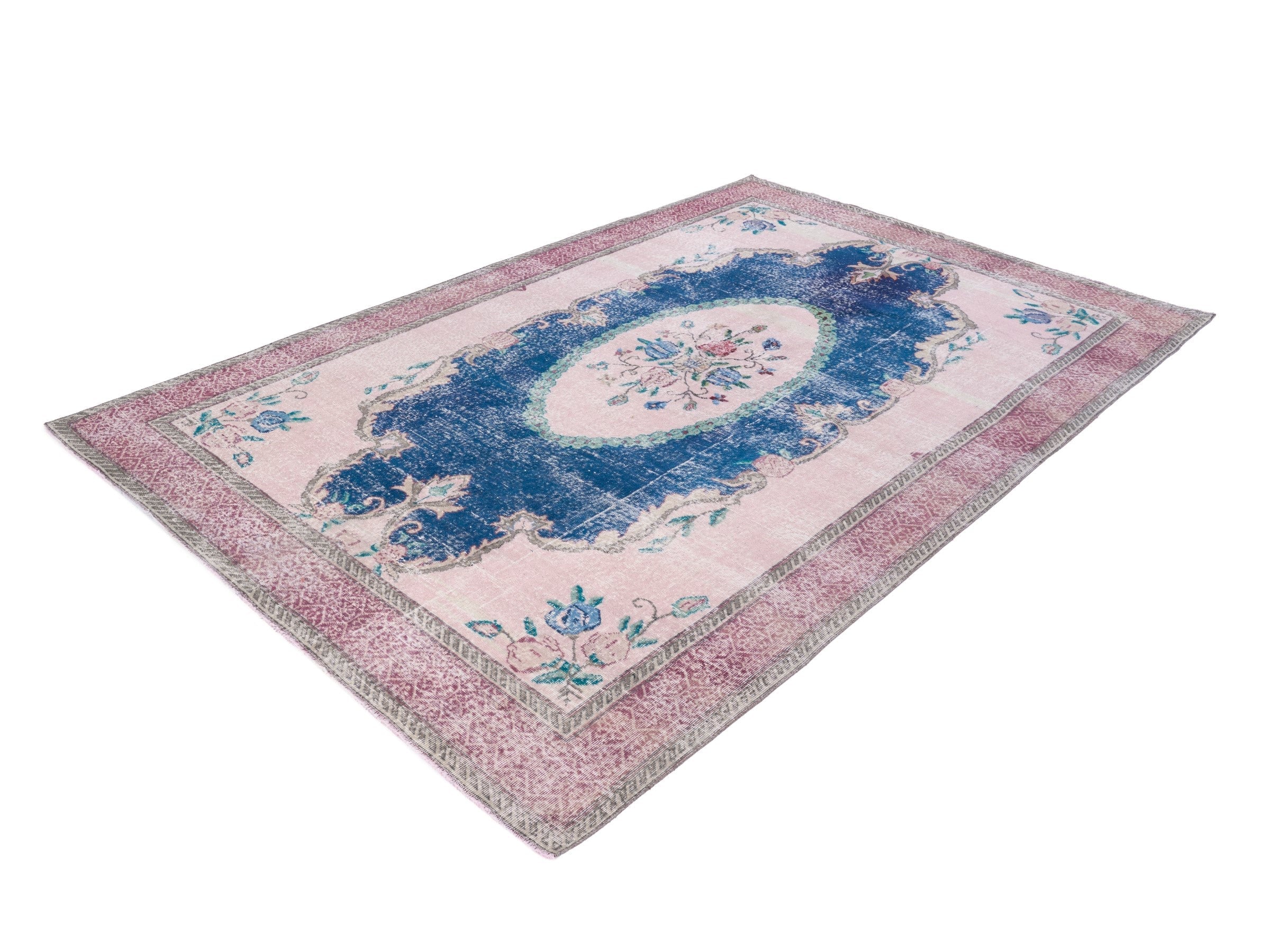 Turkish Isparta area rug in dark blue and cream, view 3 of 10