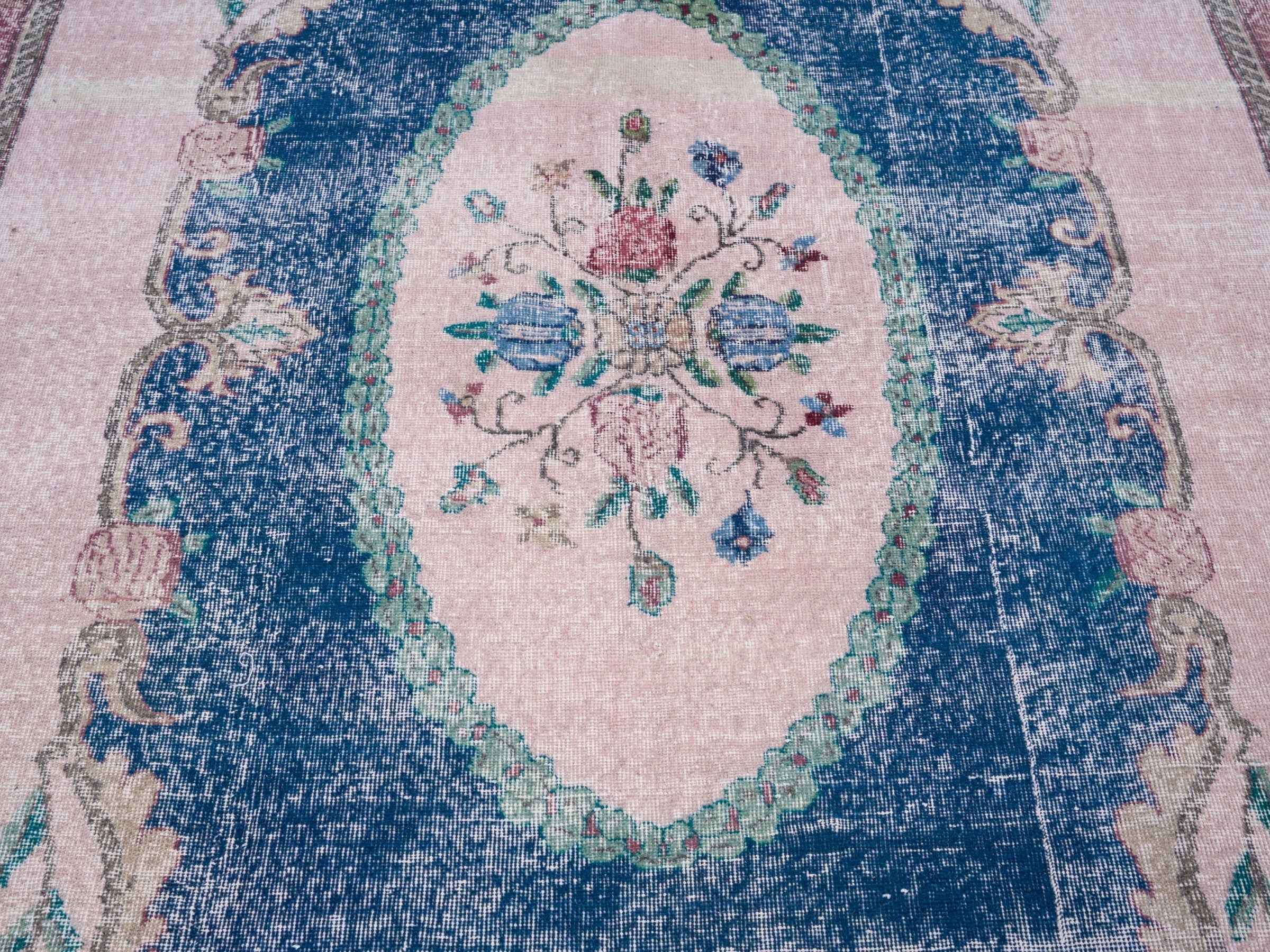 Turkish Isparta area rug in dark blue and cream, view 4 of 10