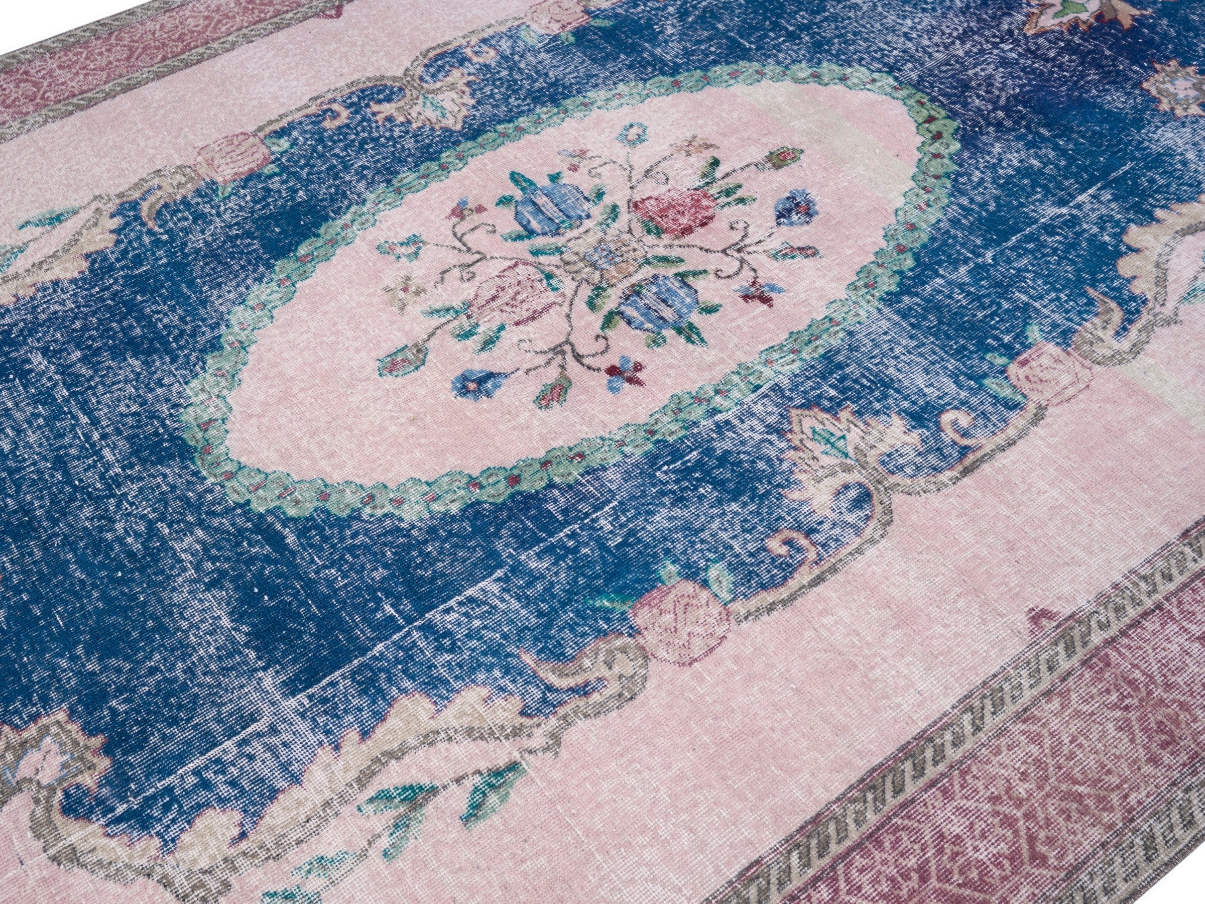 Turkish Isparta area rug in dark blue and cream, view 5 of 10