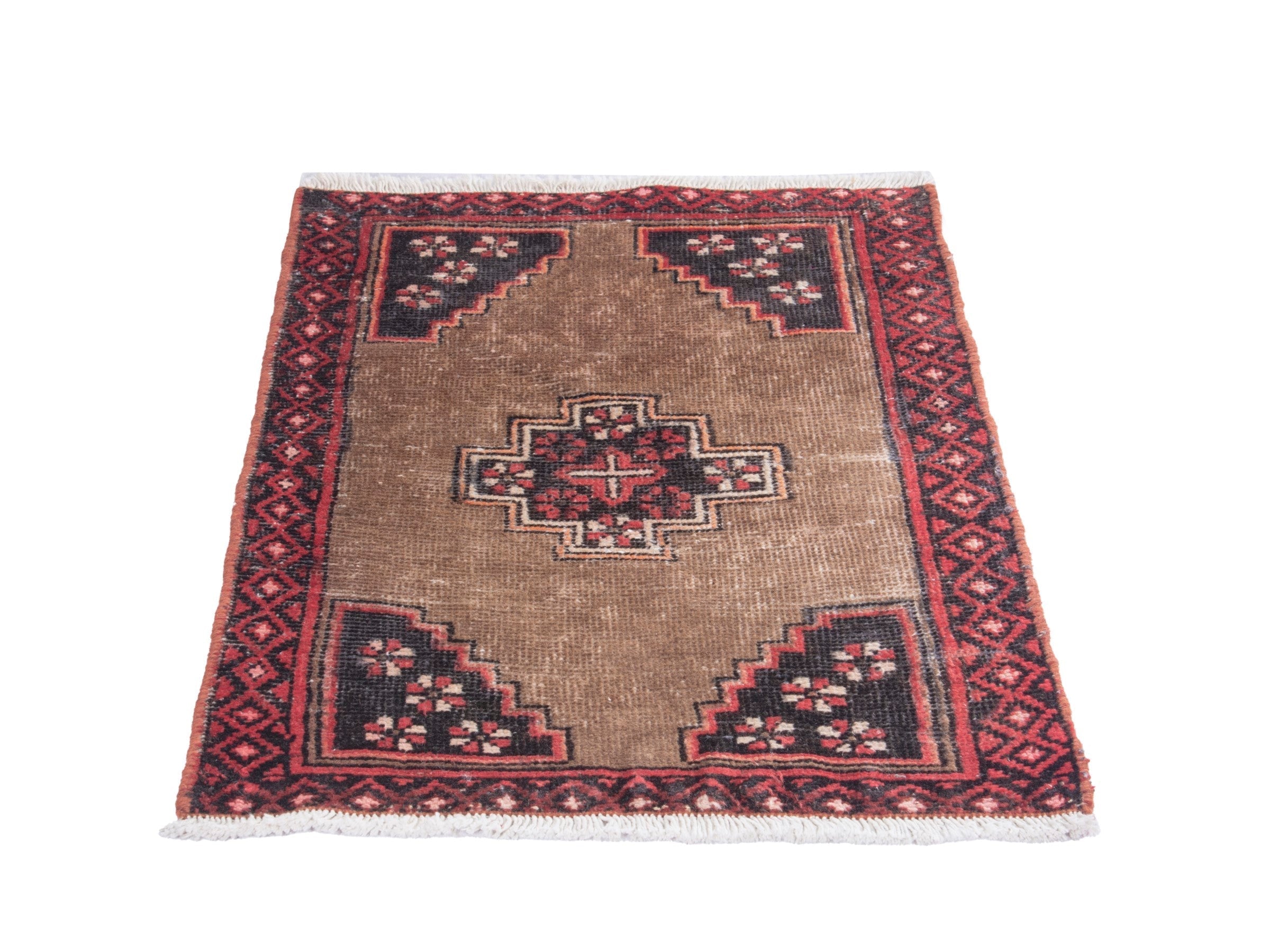 Persian Baluch accent rug in tan and deep red, view 2 of 8