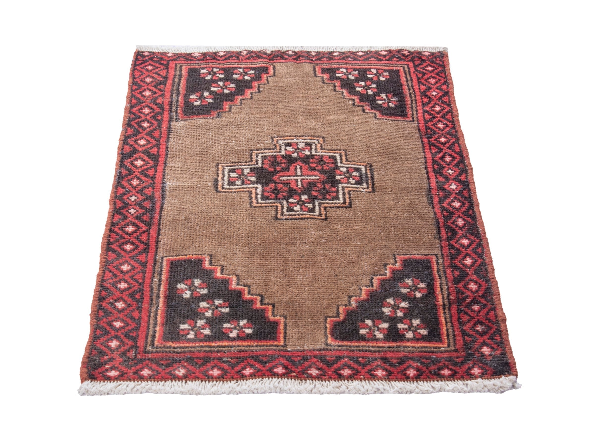 Persian Baluch accent rug in tan and deep red, view 3 of 8