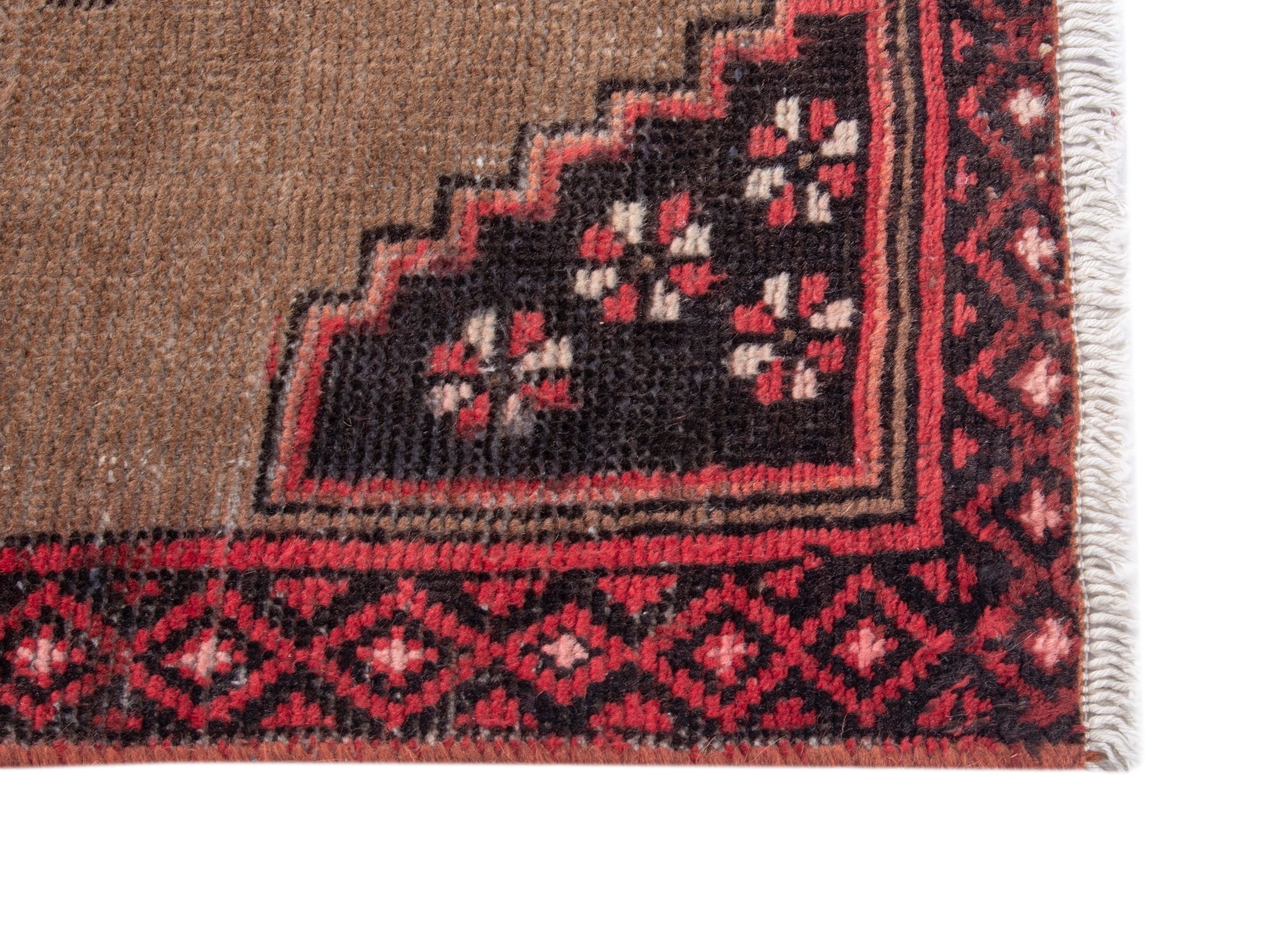 Persian Baluch accent rug in tan and deep red, view 4 of 8